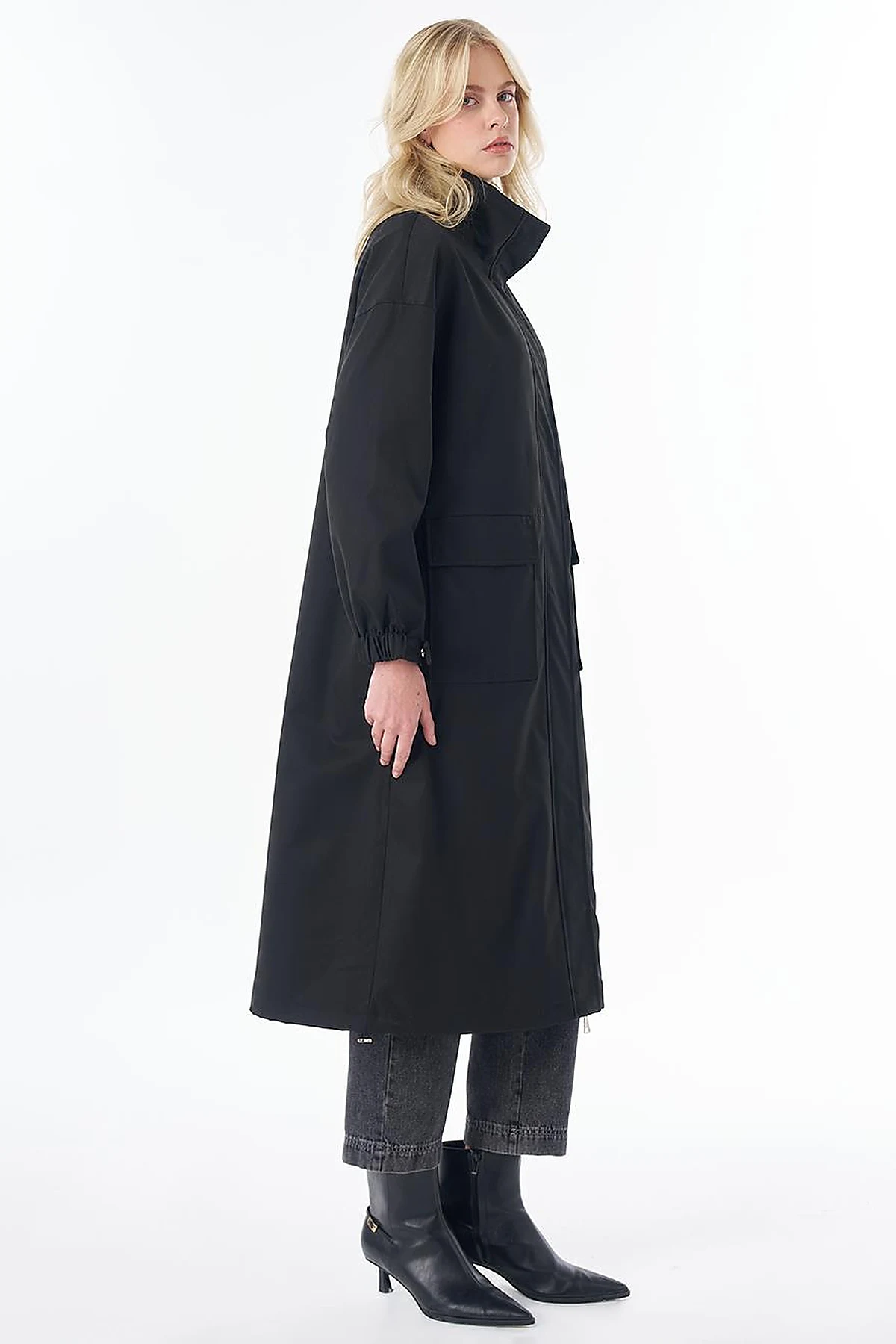Stand Collar Trench Coat with Patch Pockets – Black