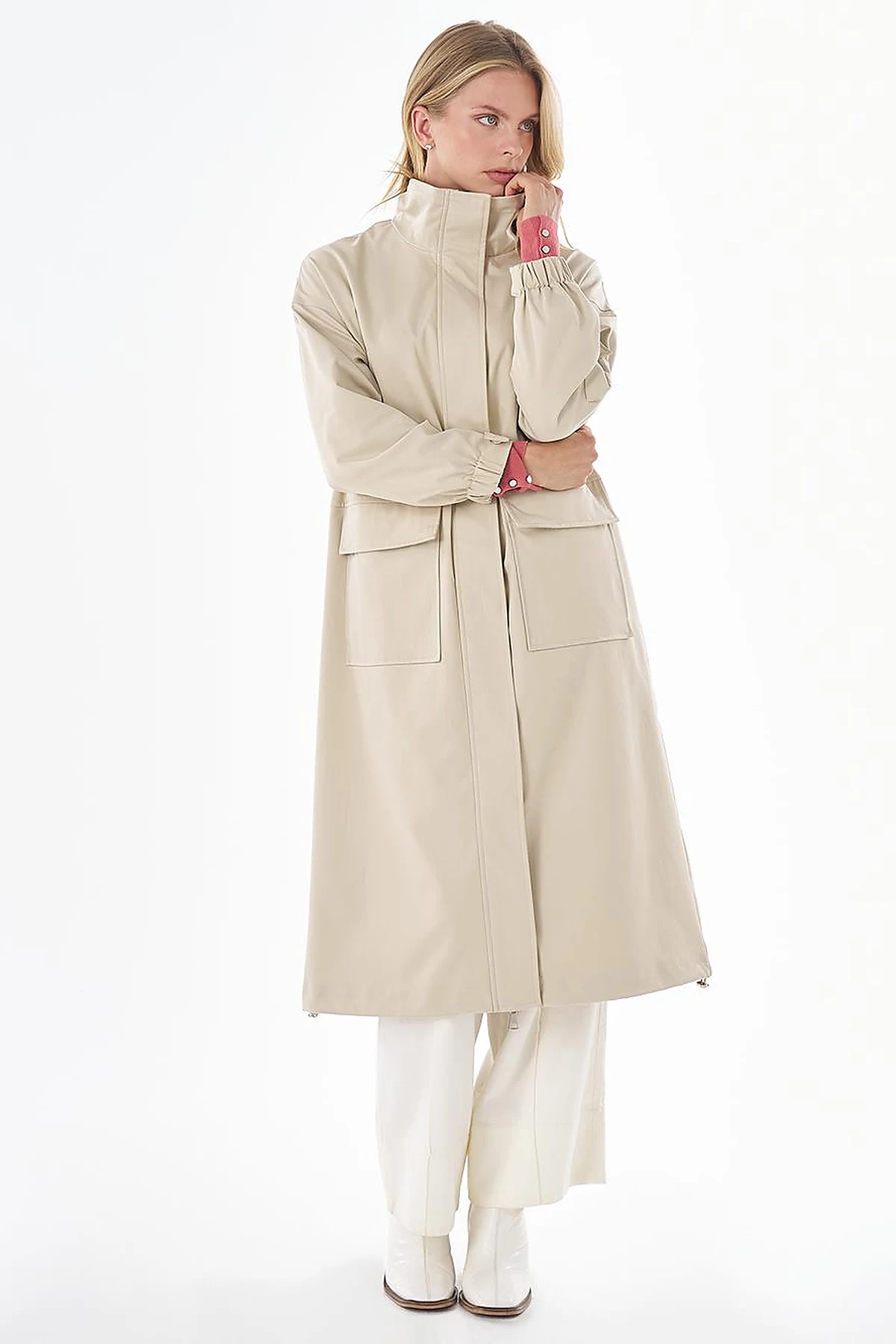 Stand Collar Trench Coat with Patch Pockets – Stone
