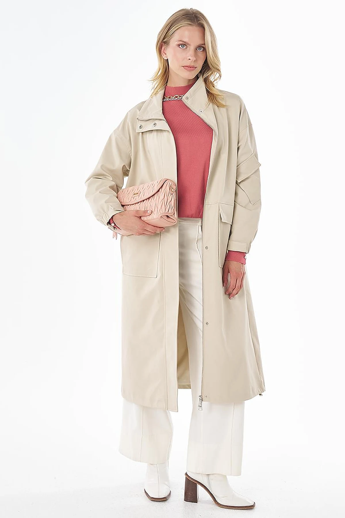 Stand Collar Trench Coat with Patch Pockets – Stone