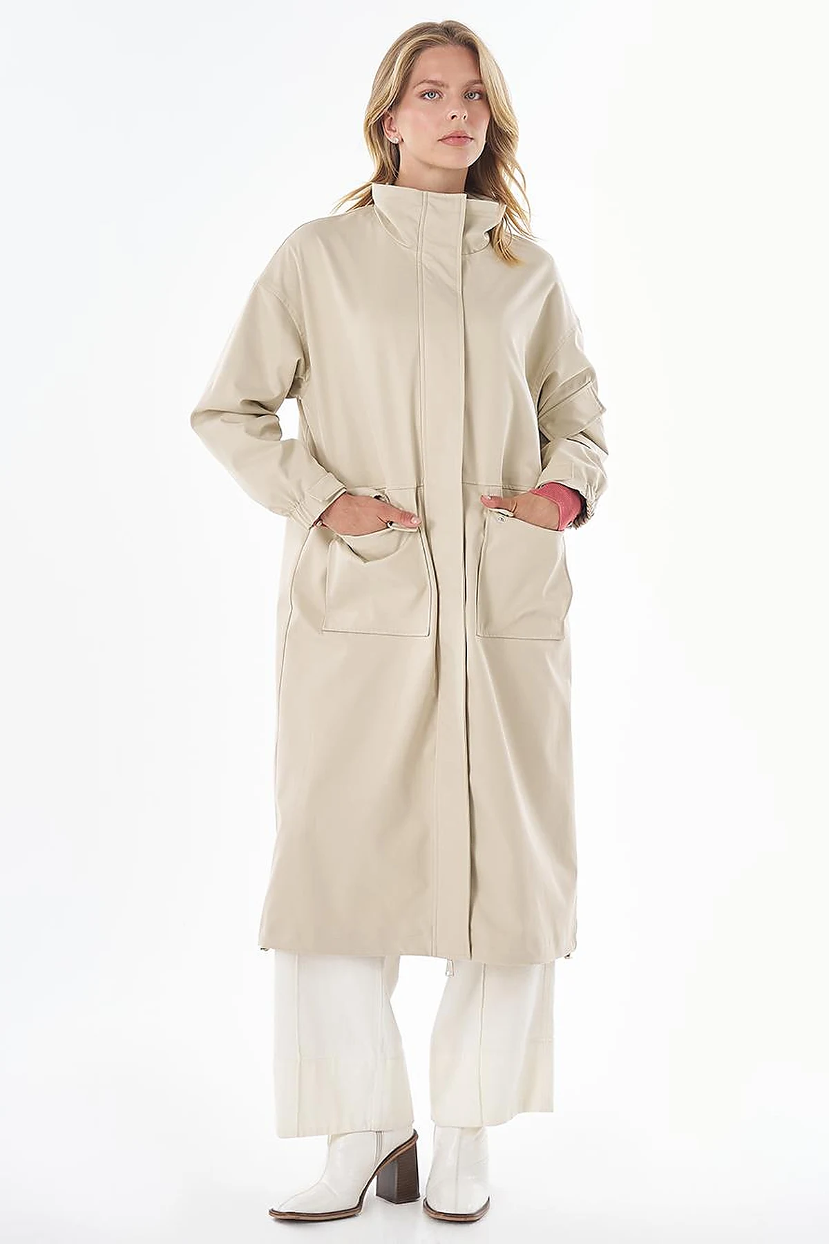 Stand Collar Trench Coat with Patch Pockets – Stone