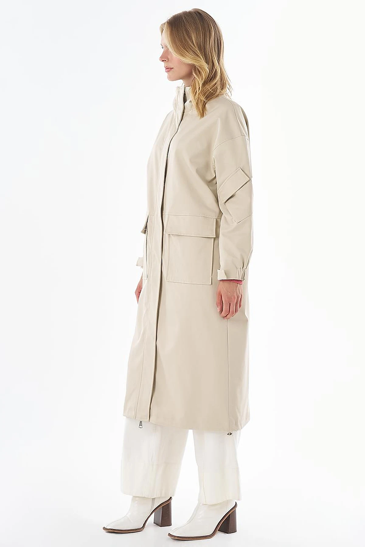 Stand Collar Trench Coat with Patch Pockets – Stone