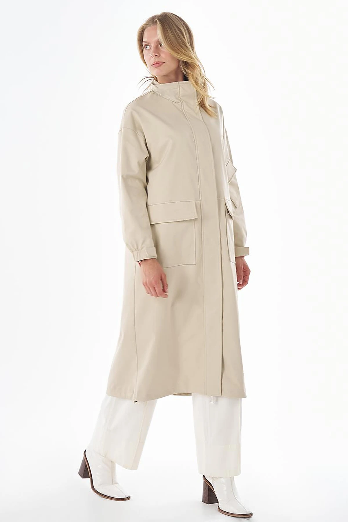 Stand Collar Trench Coat with Patch Pockets – Stone