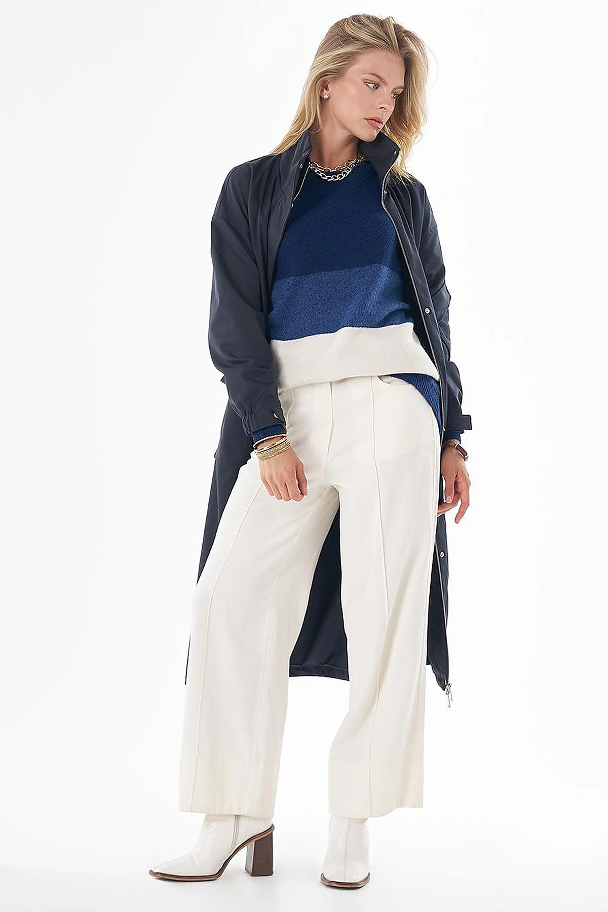Stand Collar Trench Coat with Patch Pockets – Navy