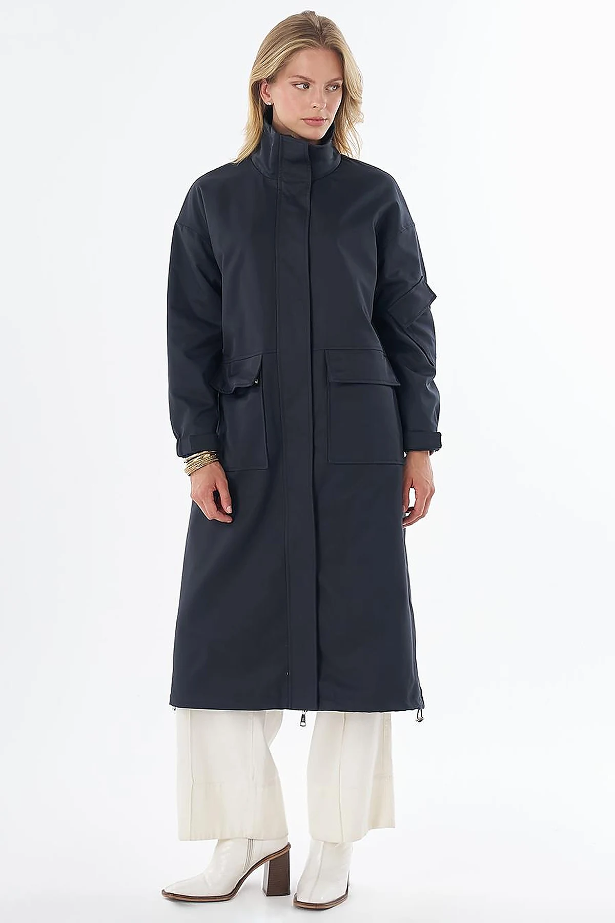 Stand Collar Trench Coat with Patch Pockets – Navy