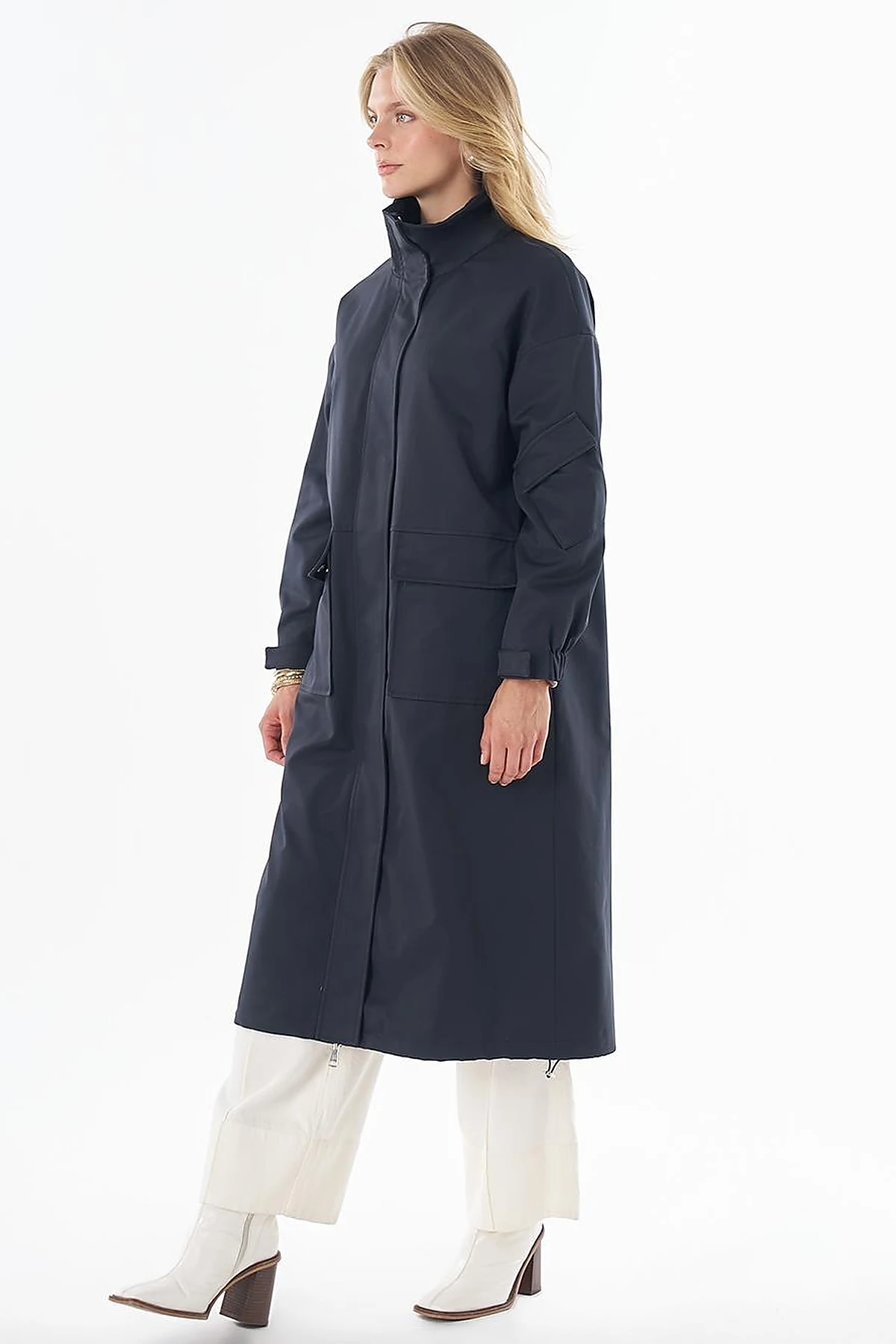 Stand Collar Trench Coat with Patch Pockets – Navy