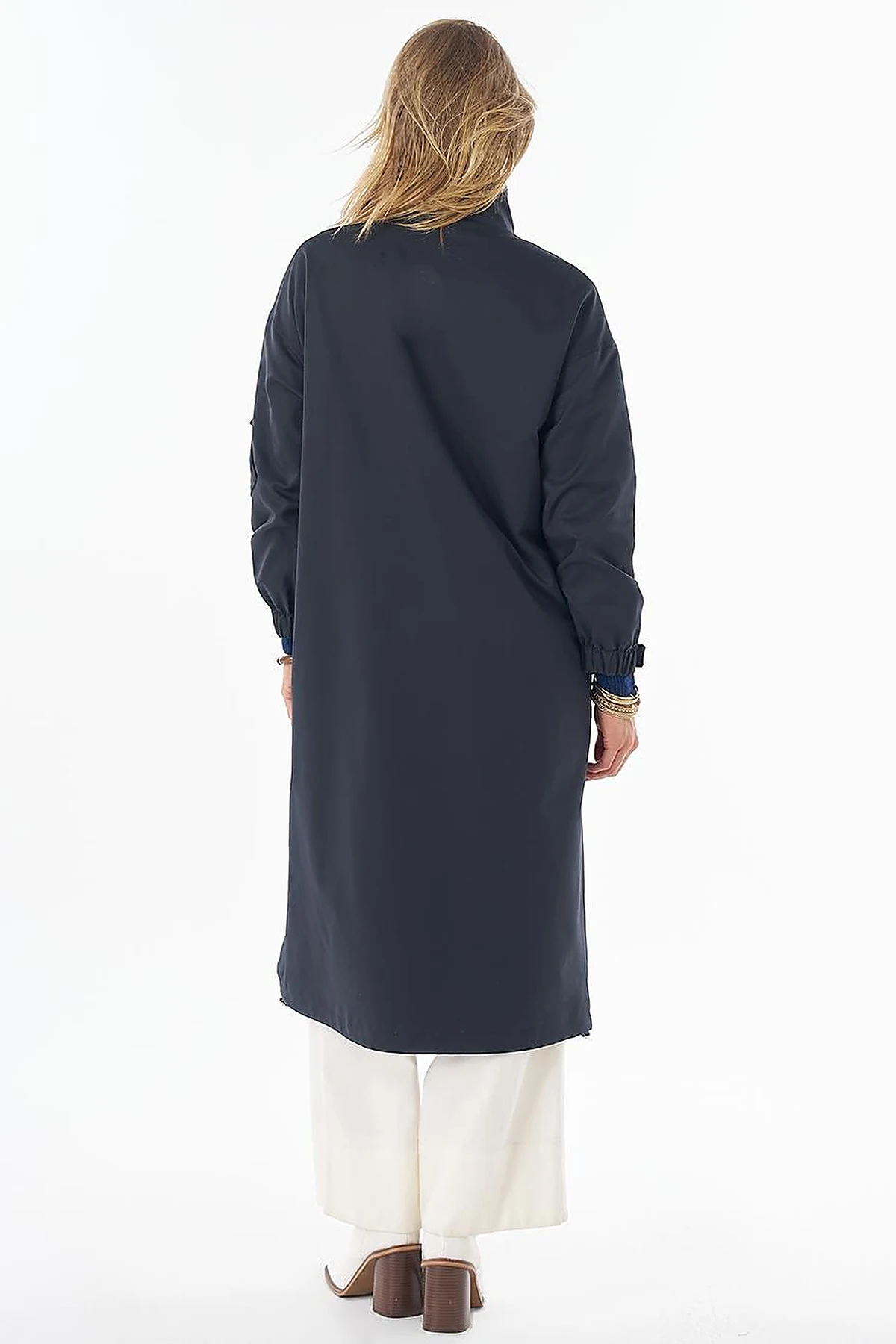 Stand Collar Trench Coat with Patch Pockets – Navy