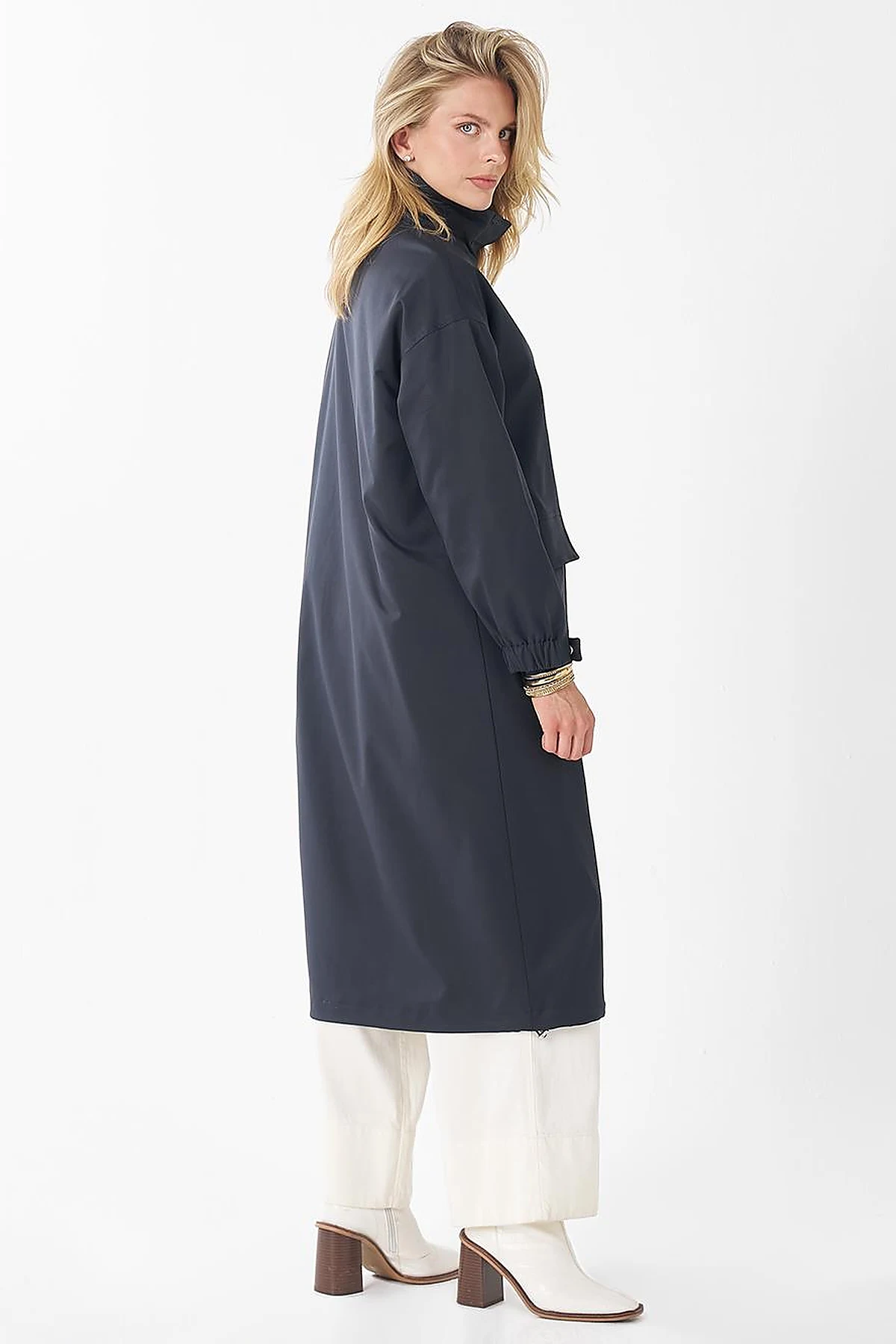 Stand Collar Trench Coat with Patch Pockets – Navy