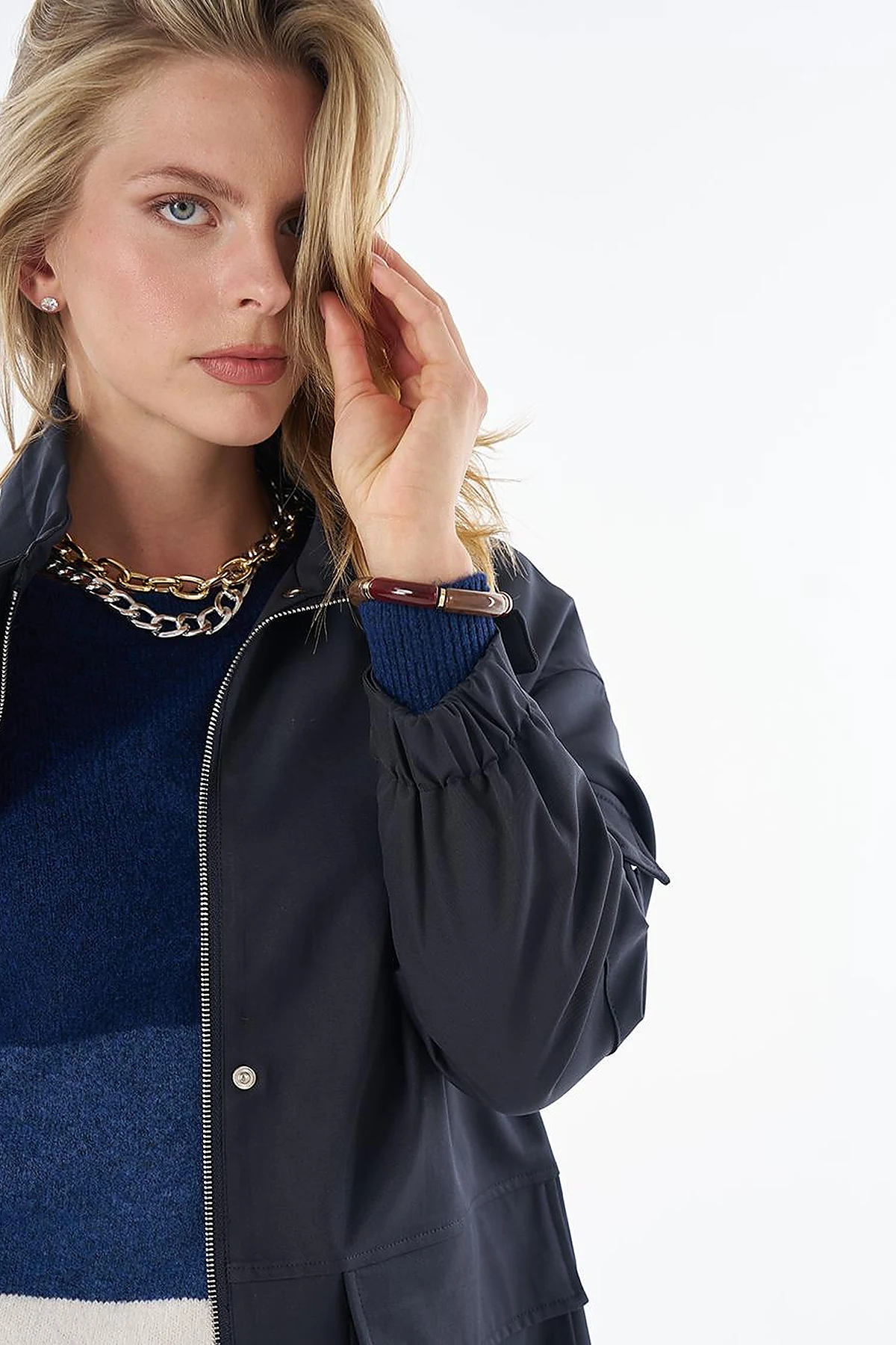 Stand Collar Trench Coat with Patch Pockets – Navy