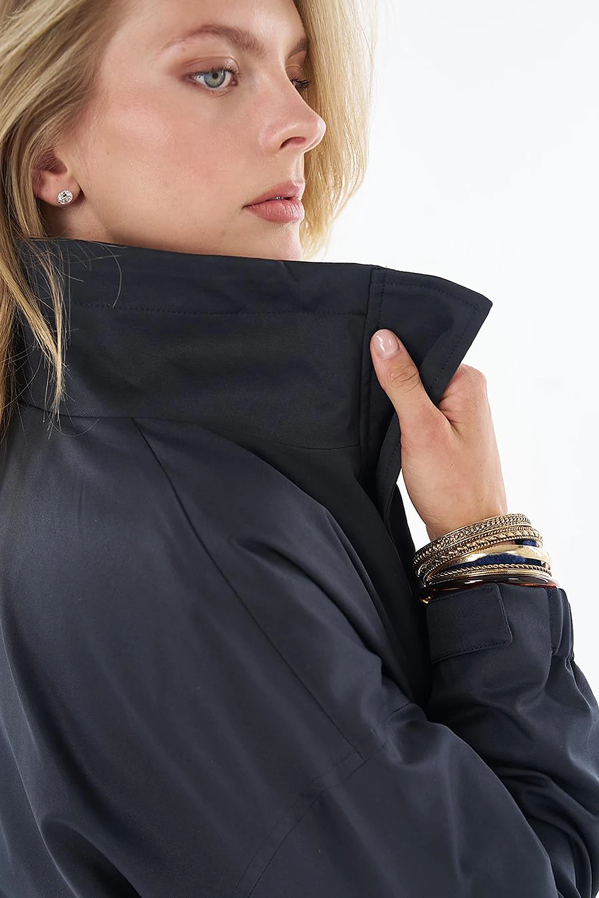 Stand Collar Trench Coat with Patch Pockets – Navy