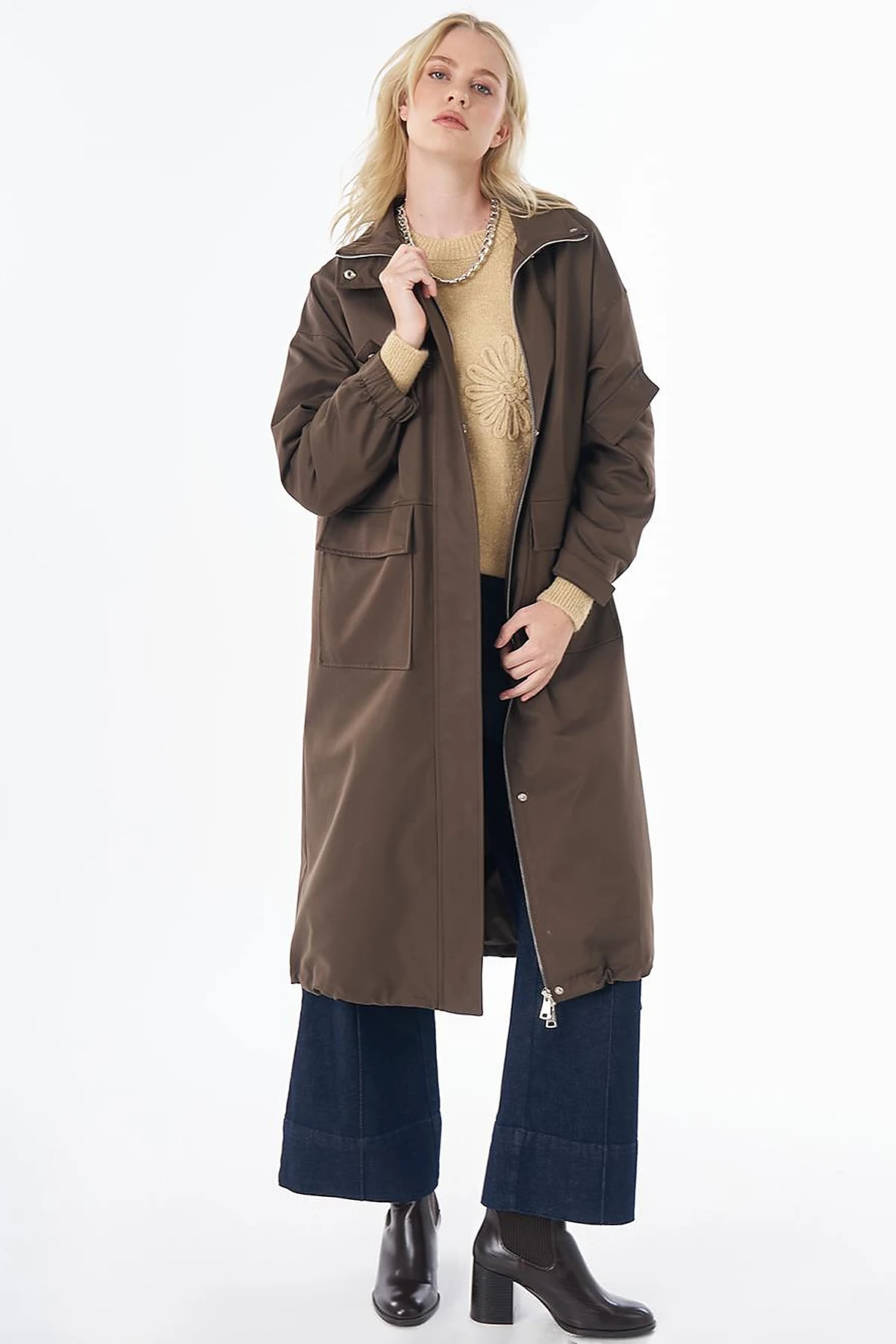 Stand Collar Trench Coat with Patch Pockets – Khaki