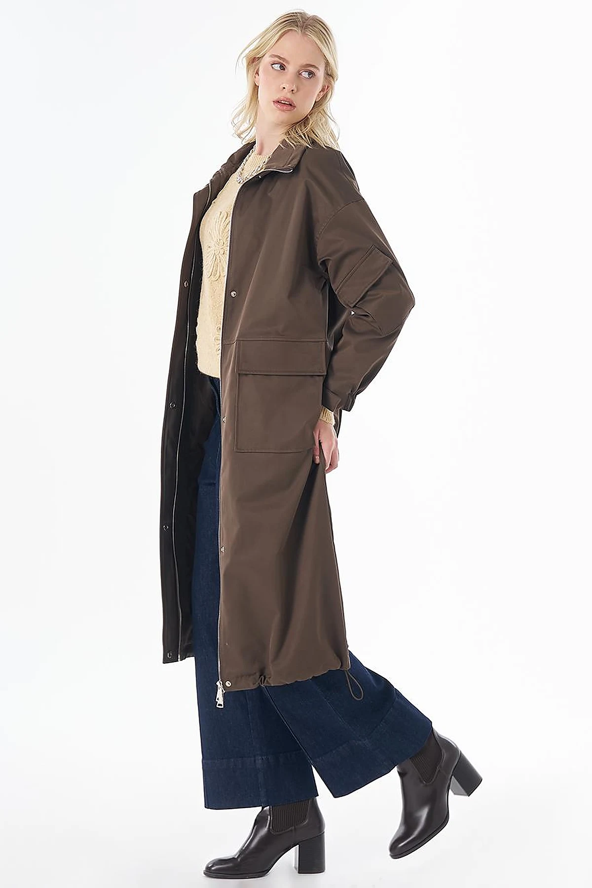 Stand Collar Trench Coat with Patch Pockets – Khaki