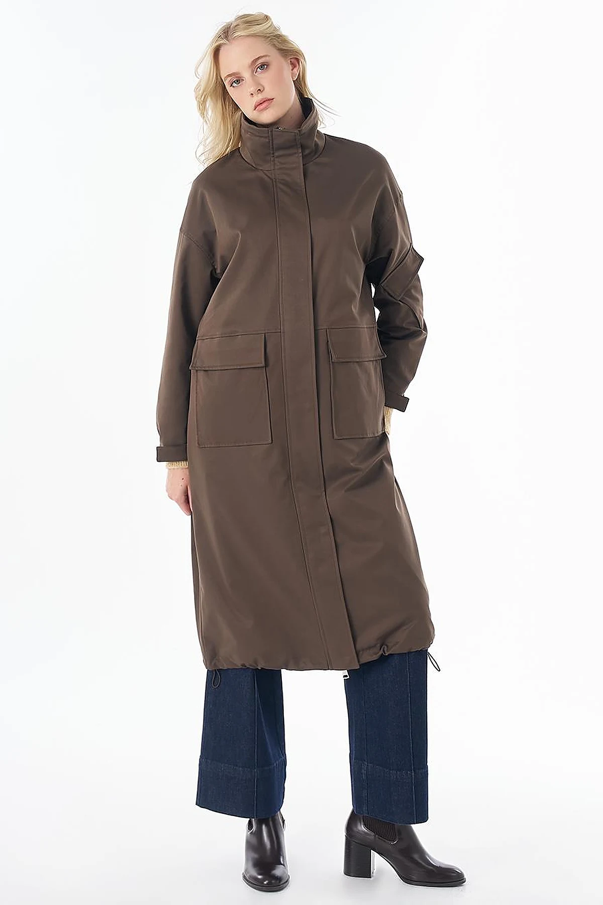Stand Collar Trench Coat with Patch Pockets – Khaki
