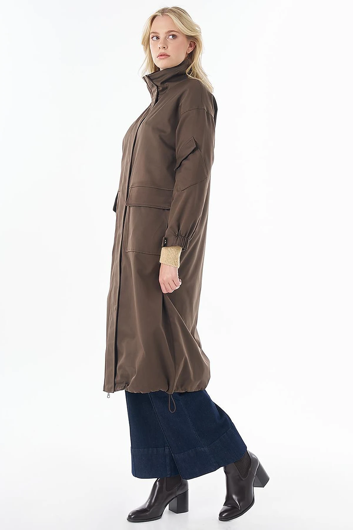 Stand Collar Trench Coat with Patch Pockets – Khaki