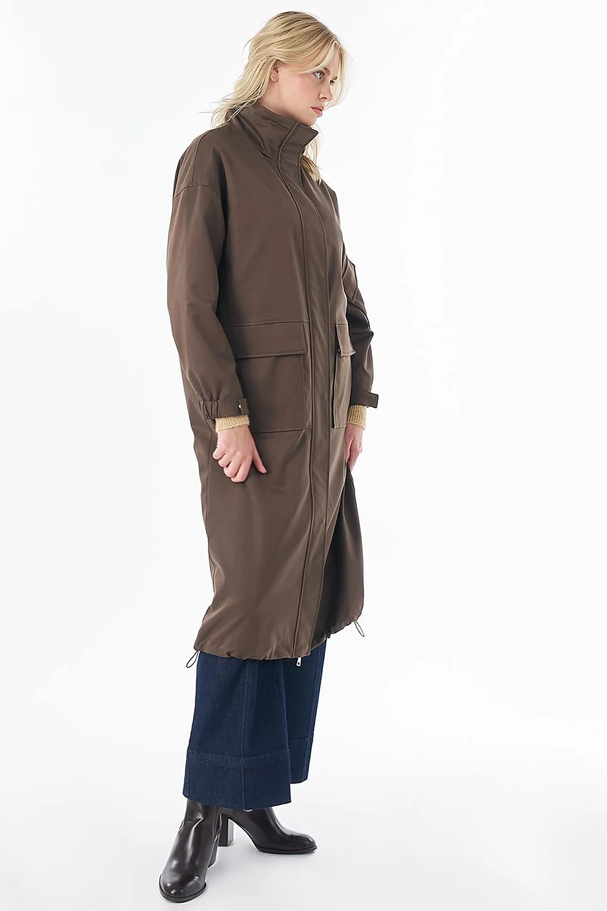 Stand Collar Trench Coat with Patch Pockets – Khaki