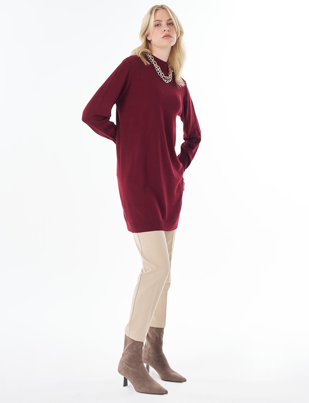 Balıkçı Yaka Basic Viskon Triko Tunik Koyu Bordo 