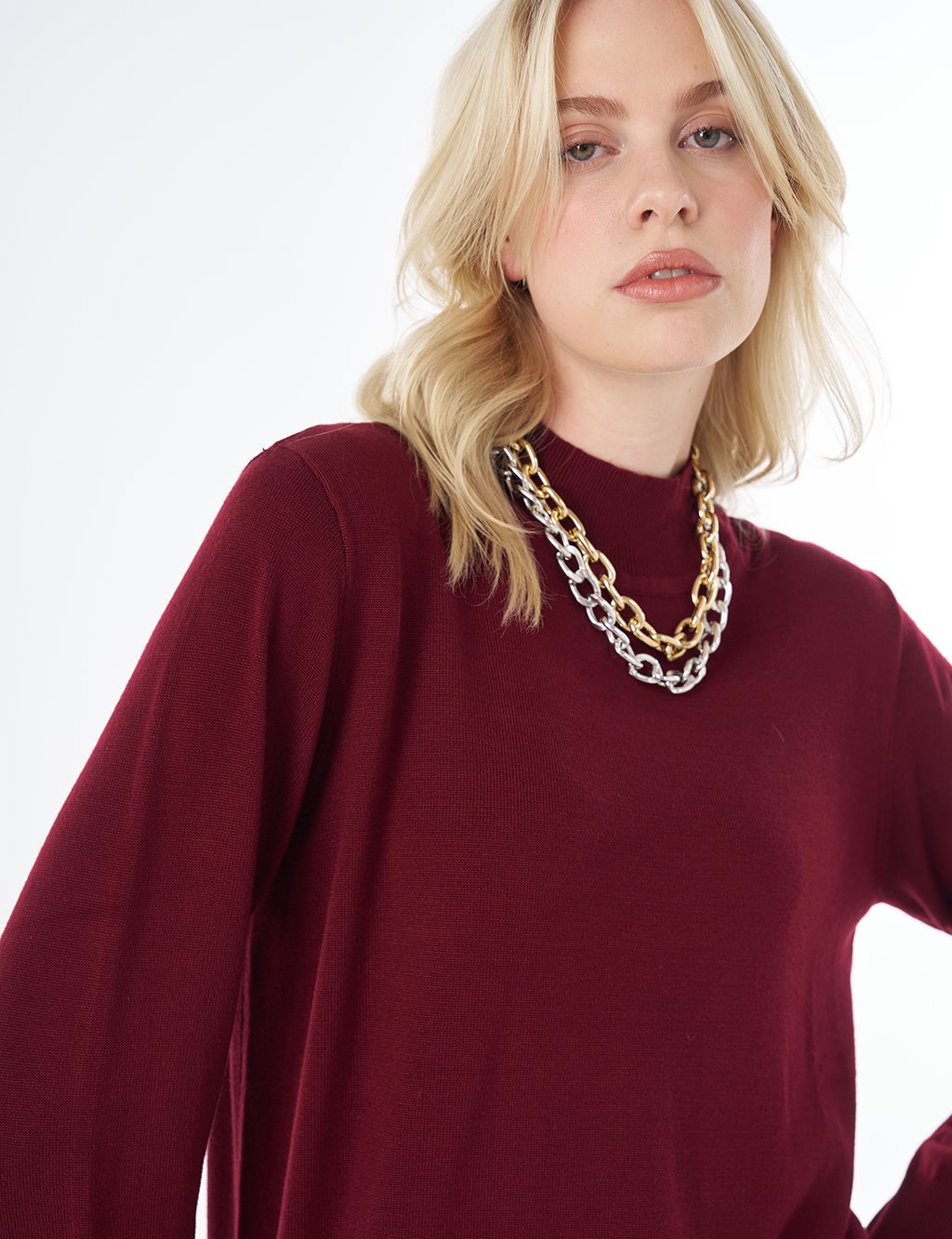 Balıkçı Yaka Basic Viskon Triko Tunik Koyu Bordo 