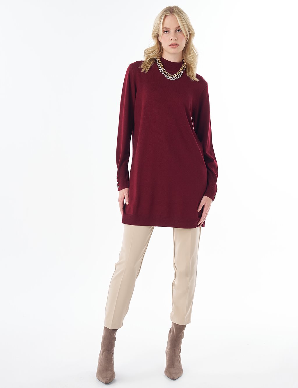 Balıkçı Yaka Basic Viskon Triko Tunik Koyu Bordo 