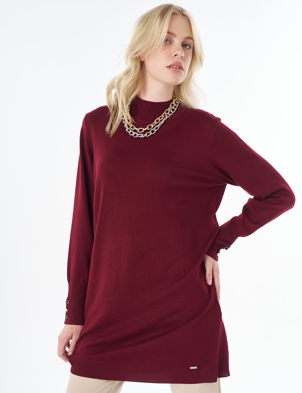 Balıkçı Yaka Basic Viskon Triko Tunik Koyu Bordo 