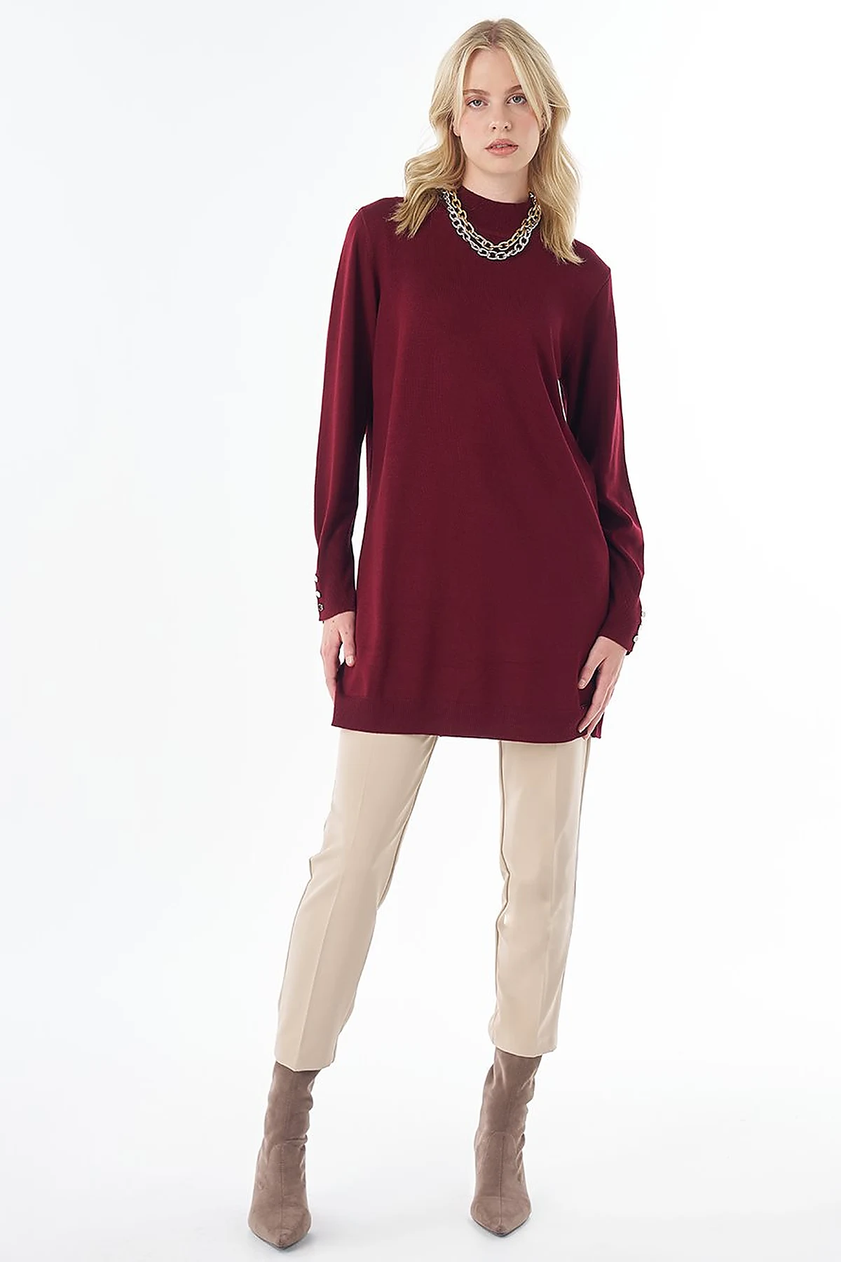 Turtleneck Basic Viscose Knit Tunic Dark Burgundy