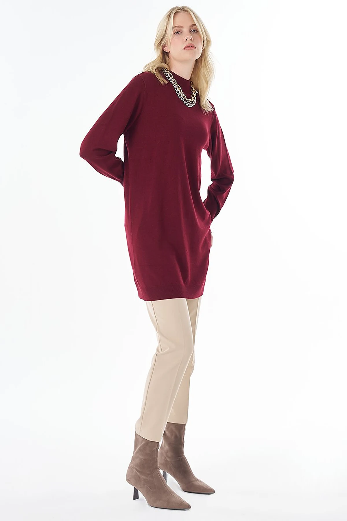 Turtleneck Basic Viscose Knit Tunic Dark Burgundy
