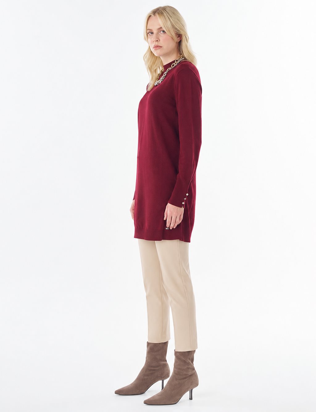 Balıkçı Yaka Basic Viskon Triko Tunik Koyu Bordo 