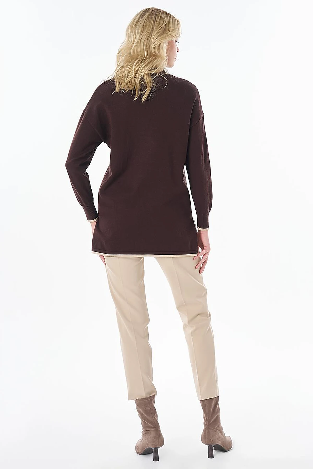 Contrast Color Knit Sweater -Brown