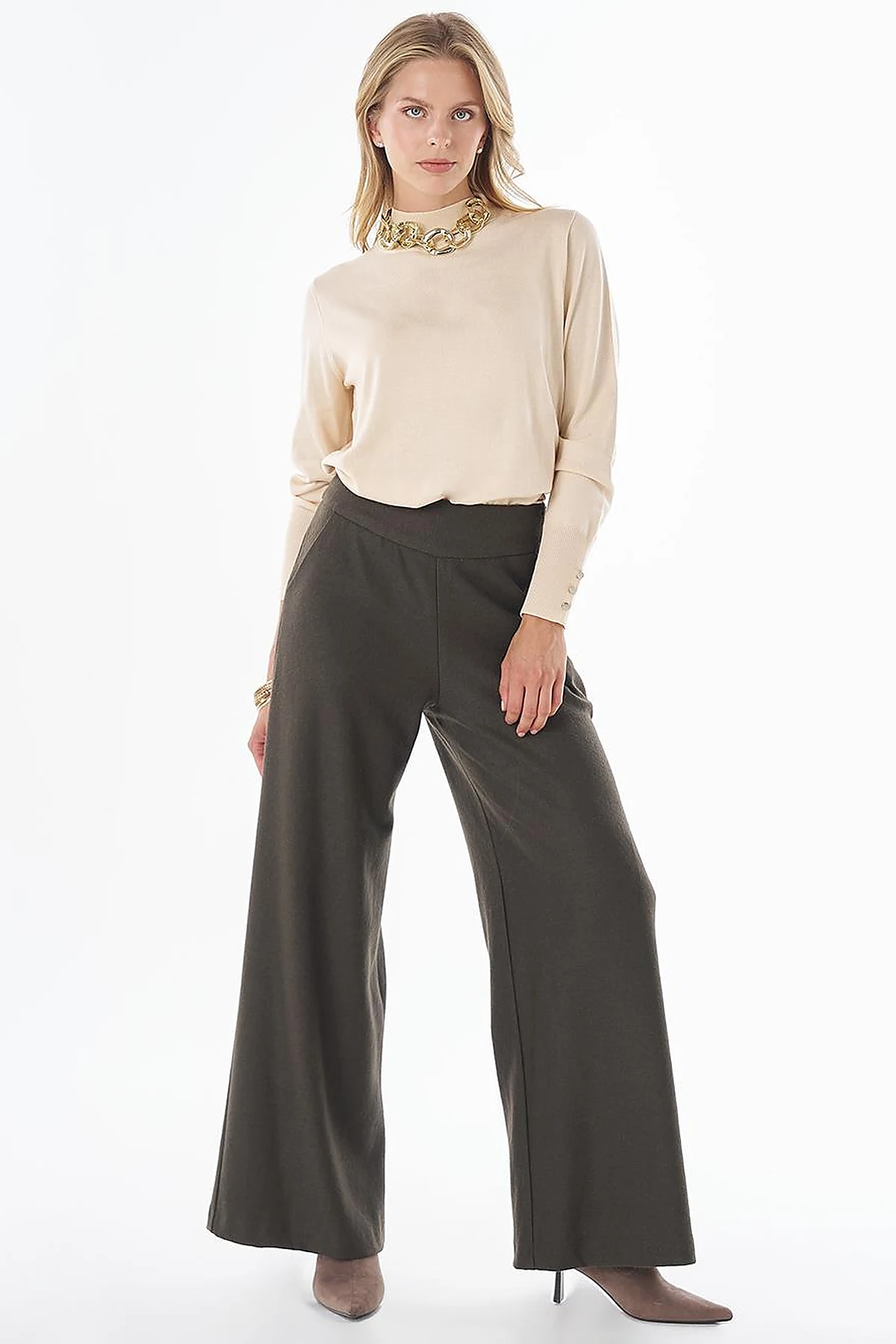 High-Waisted Wool Trousers - Khaki