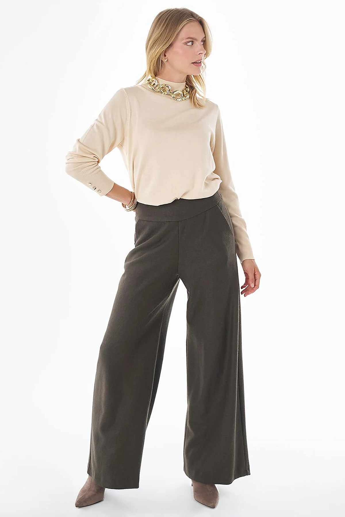 High-Waisted Wool Trousers - Khaki