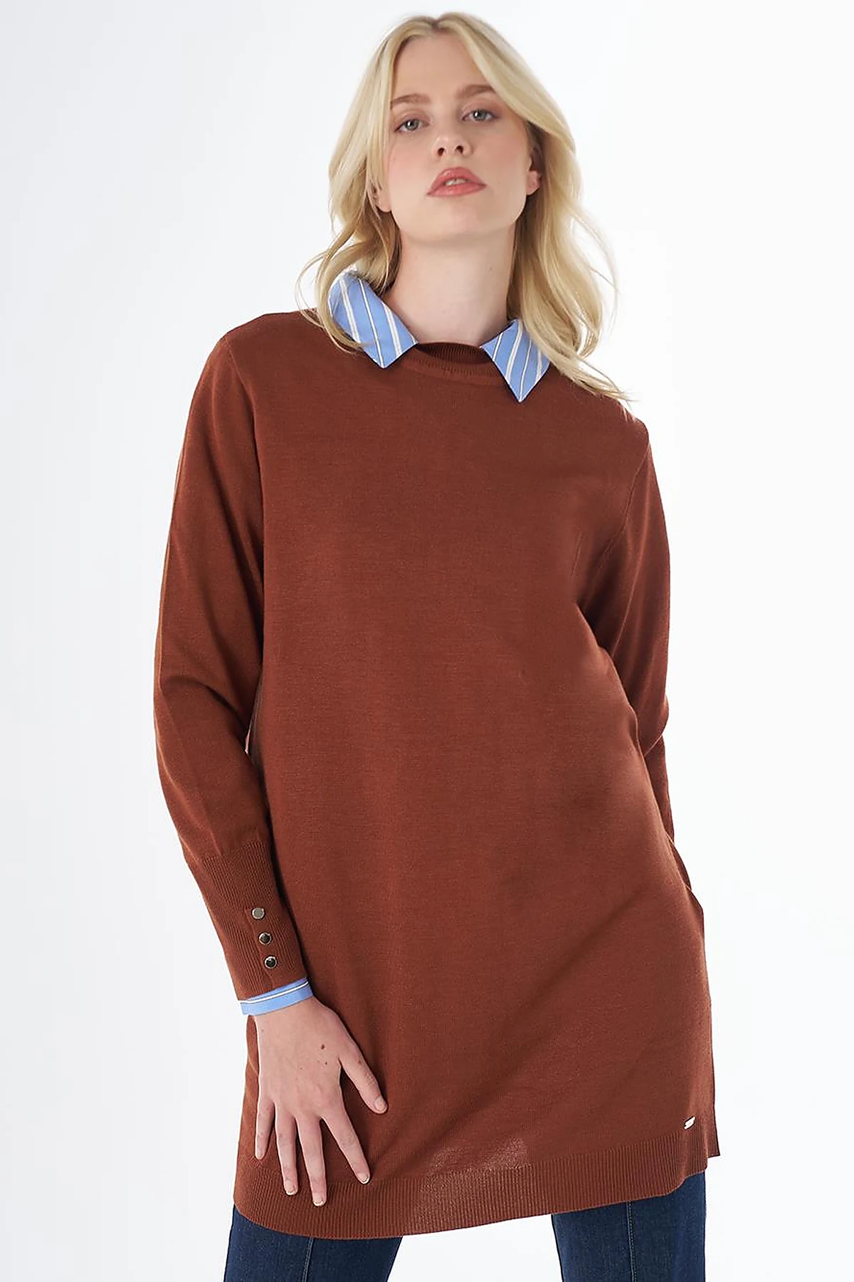 Turtleneck Basic Viscose Knit Tunic Reddish Brown