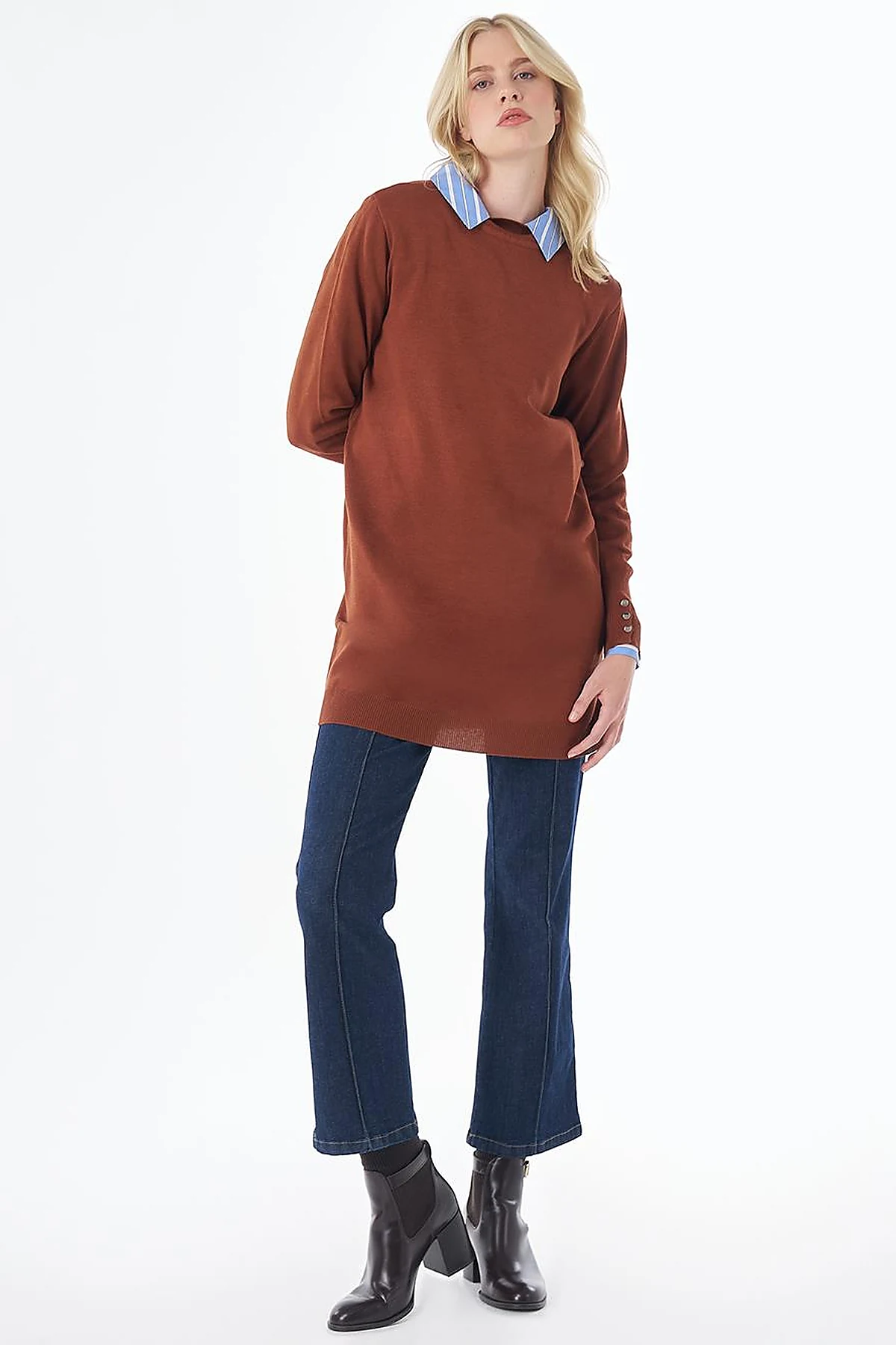 Turtleneck Basic Viscose Knit Tunic Reddish Brown