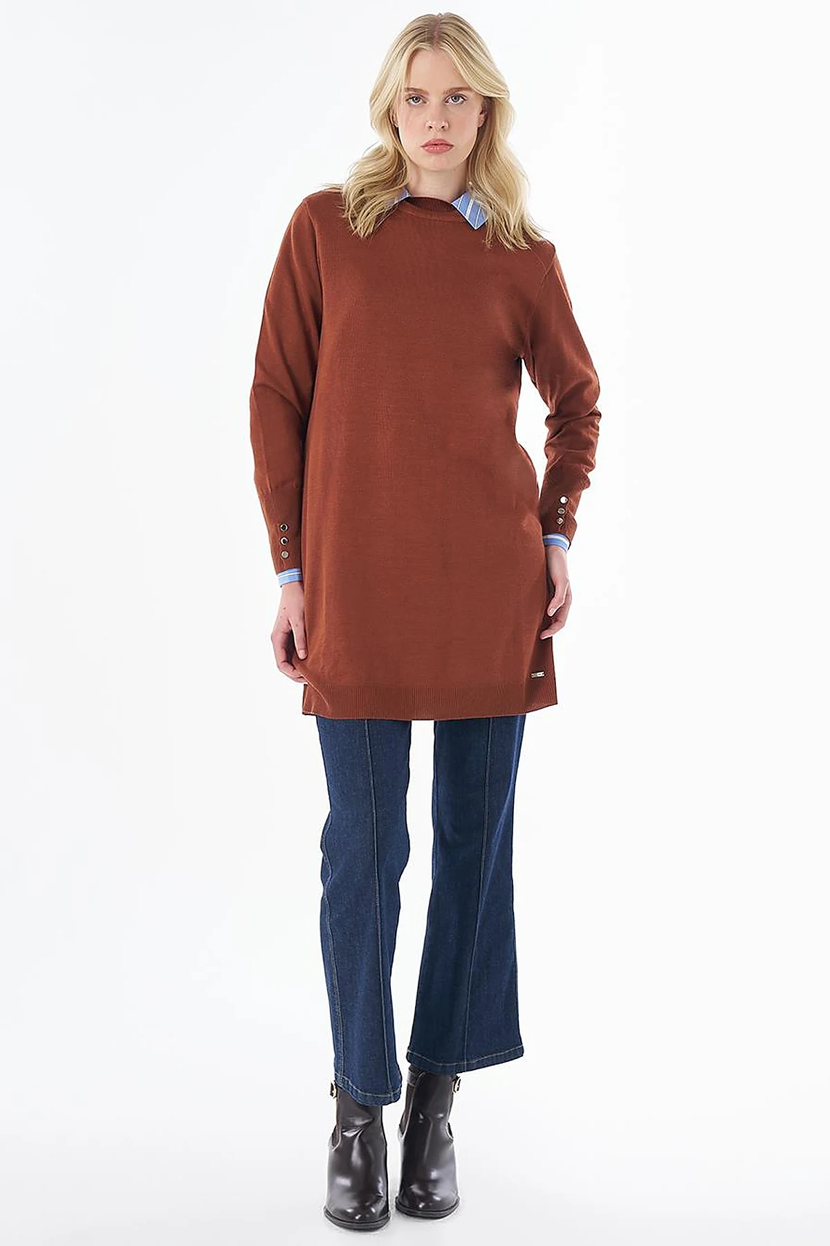 Turtleneck Basic Viscose Knit Tunic Reddish Brown