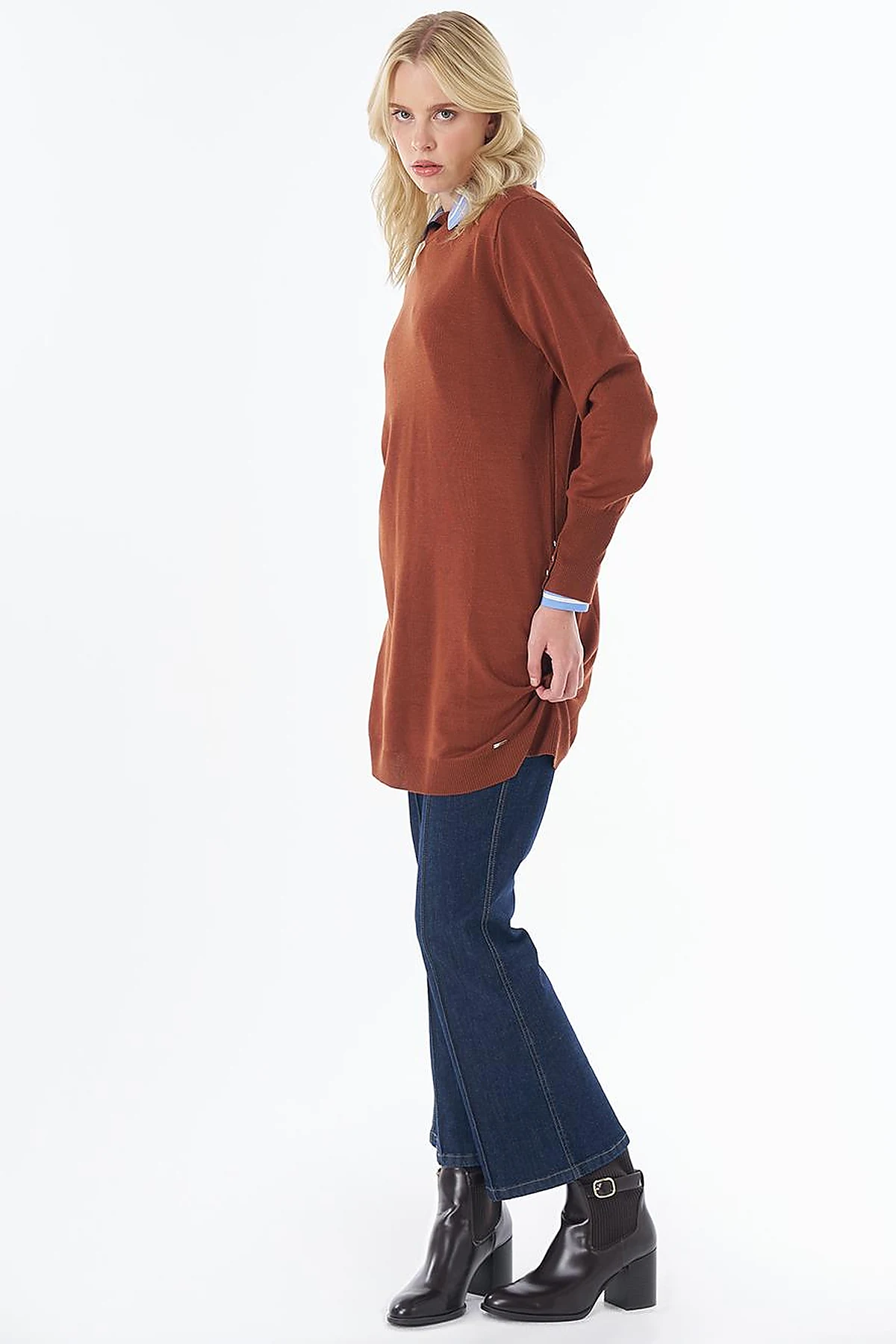 Turtleneck Basic Viscose Knit Tunic Reddish Brown