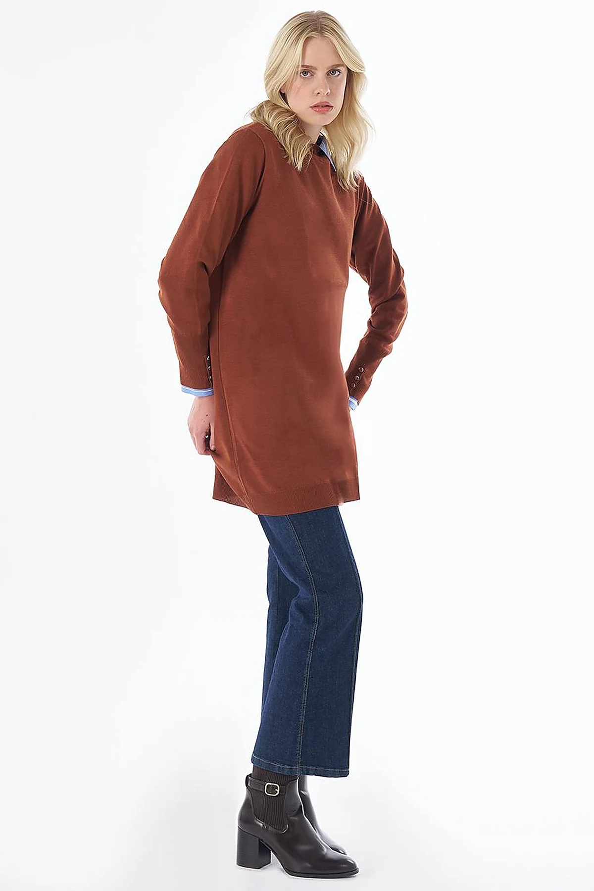 Turtleneck Basic Viscose Knit Tunic Reddish Brown