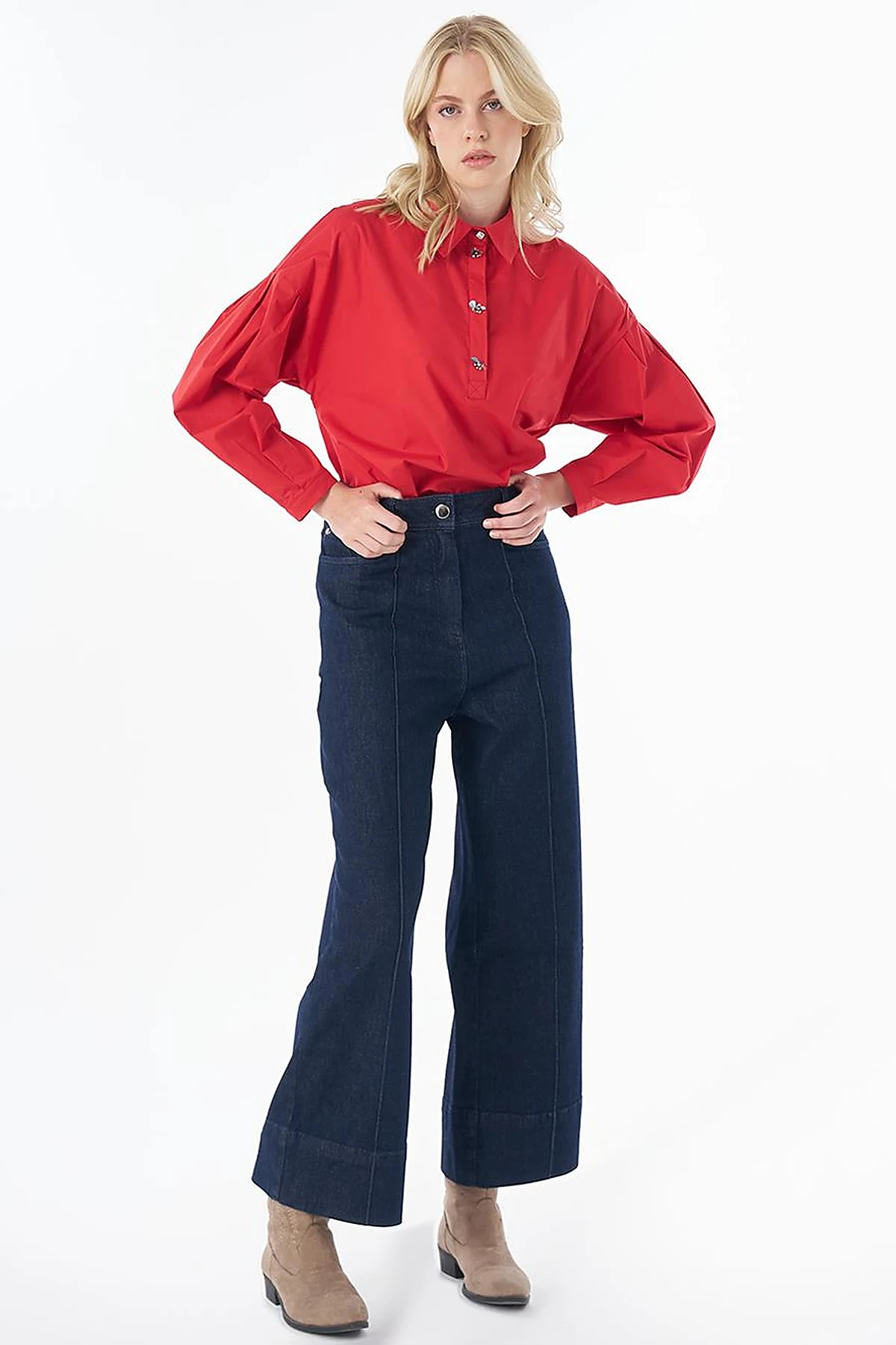 High-Waisted Contrast-Stitch Denim Pants Dark Navy