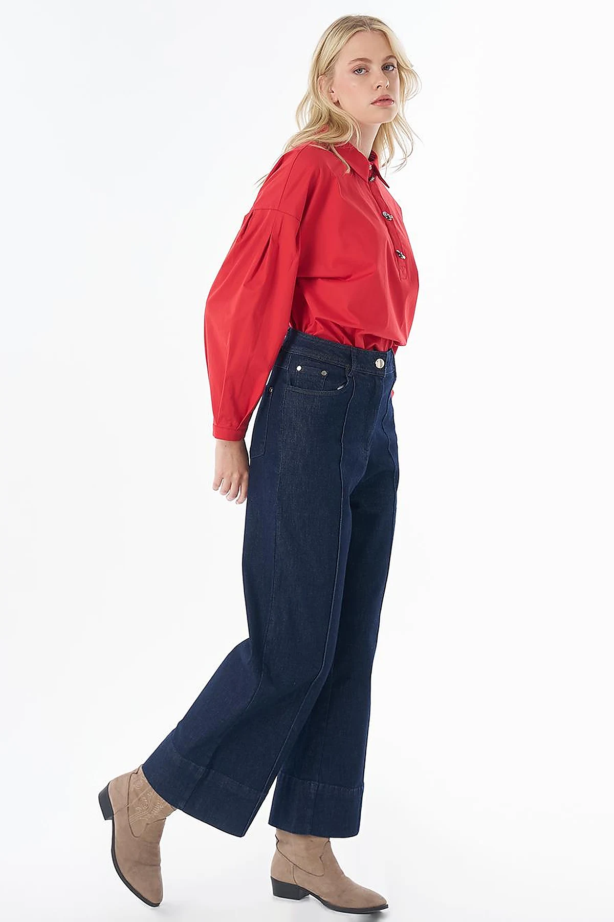 High-Waisted Contrast-Stitch Denim Pants Dark Navy