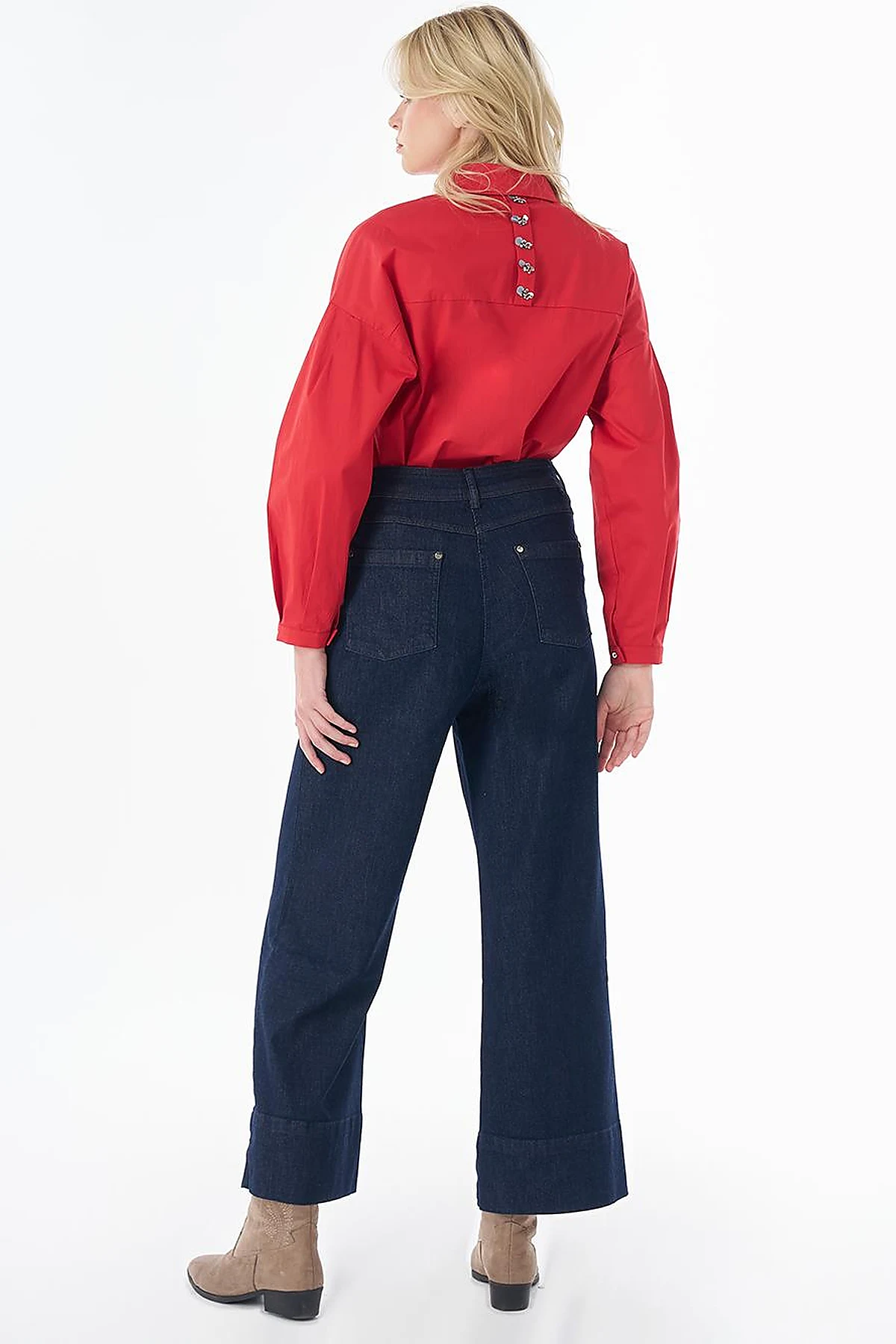 High-Waisted Contrast-Stitch Denim Pants Dark Navy