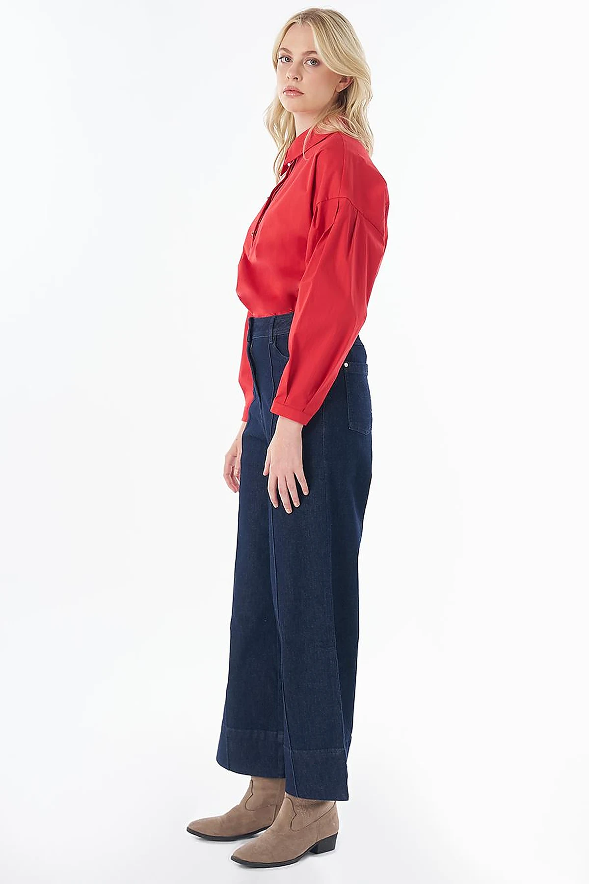 High-Waisted Contrast-Stitch Denim Pants Dark Navy