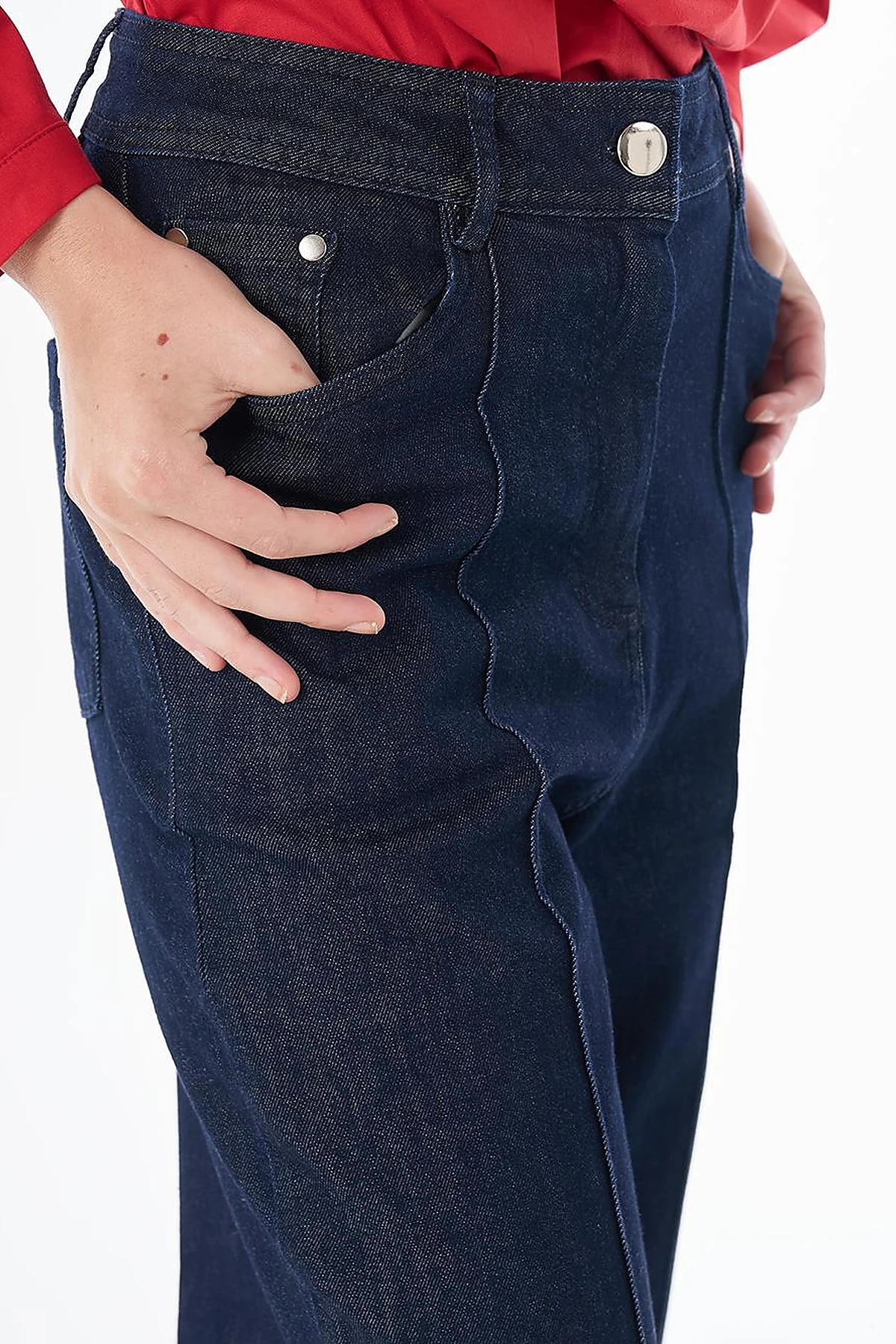 High-Waisted Contrast-Stitch Denim Pants Dark Navy