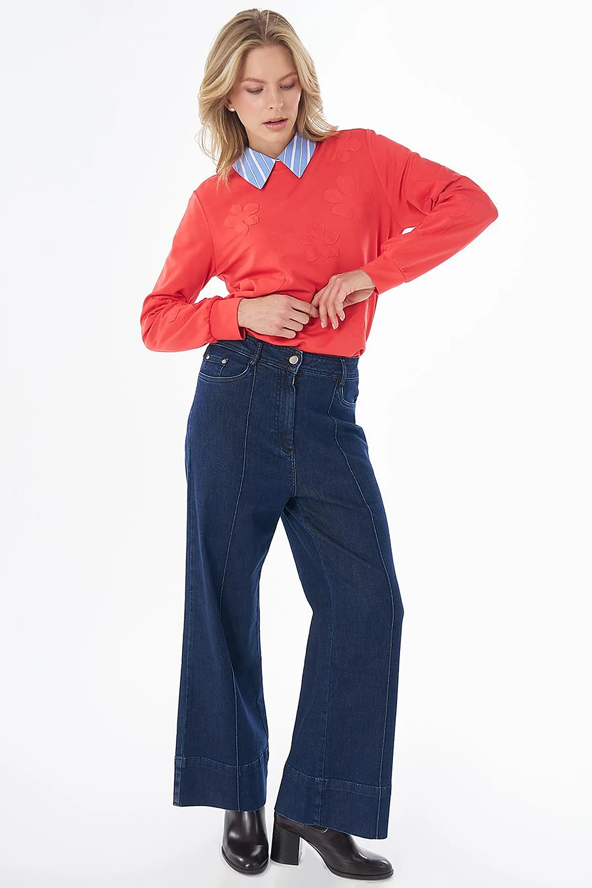 High-Waisted Contrast-Stitch Denim Pants Navy