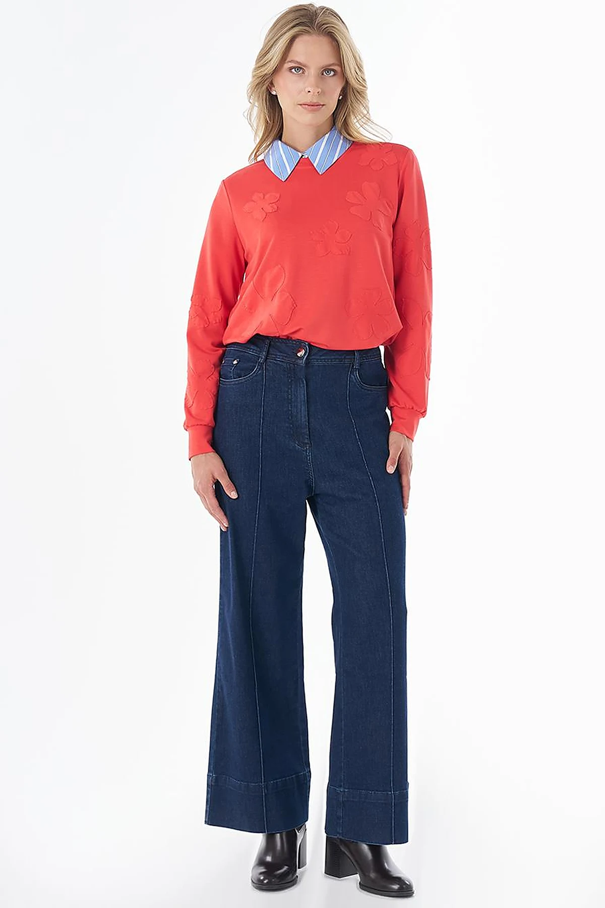 High-Waisted Contrast-Stitch Denim Pants Navy