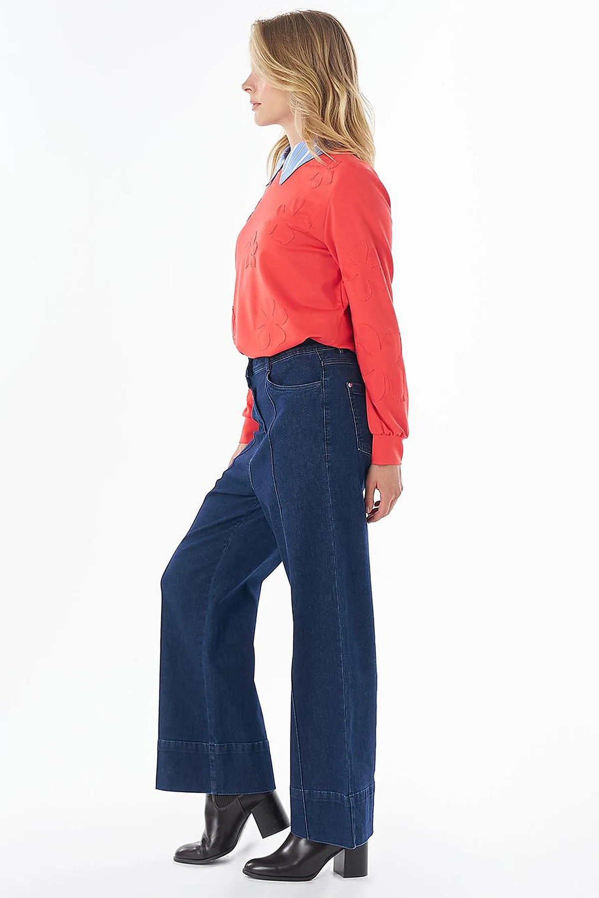 High-Waisted Contrast-Stitch Denim Pants Navy