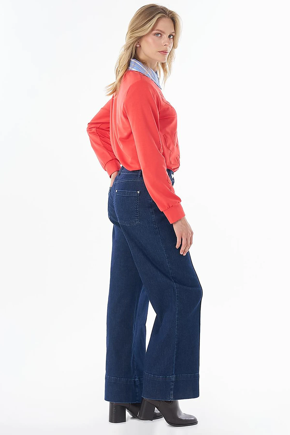 High-Waisted Contrast-Stitch Denim Pants Navy