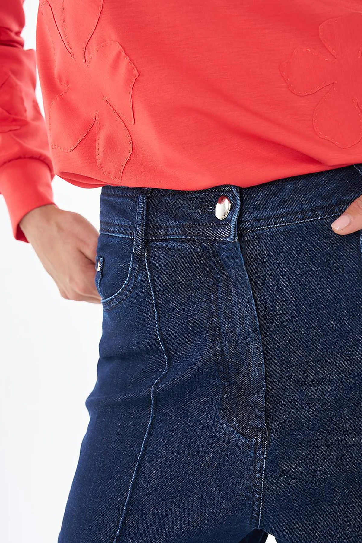 High-Waisted Contrast-Stitch Denim Pants Navy