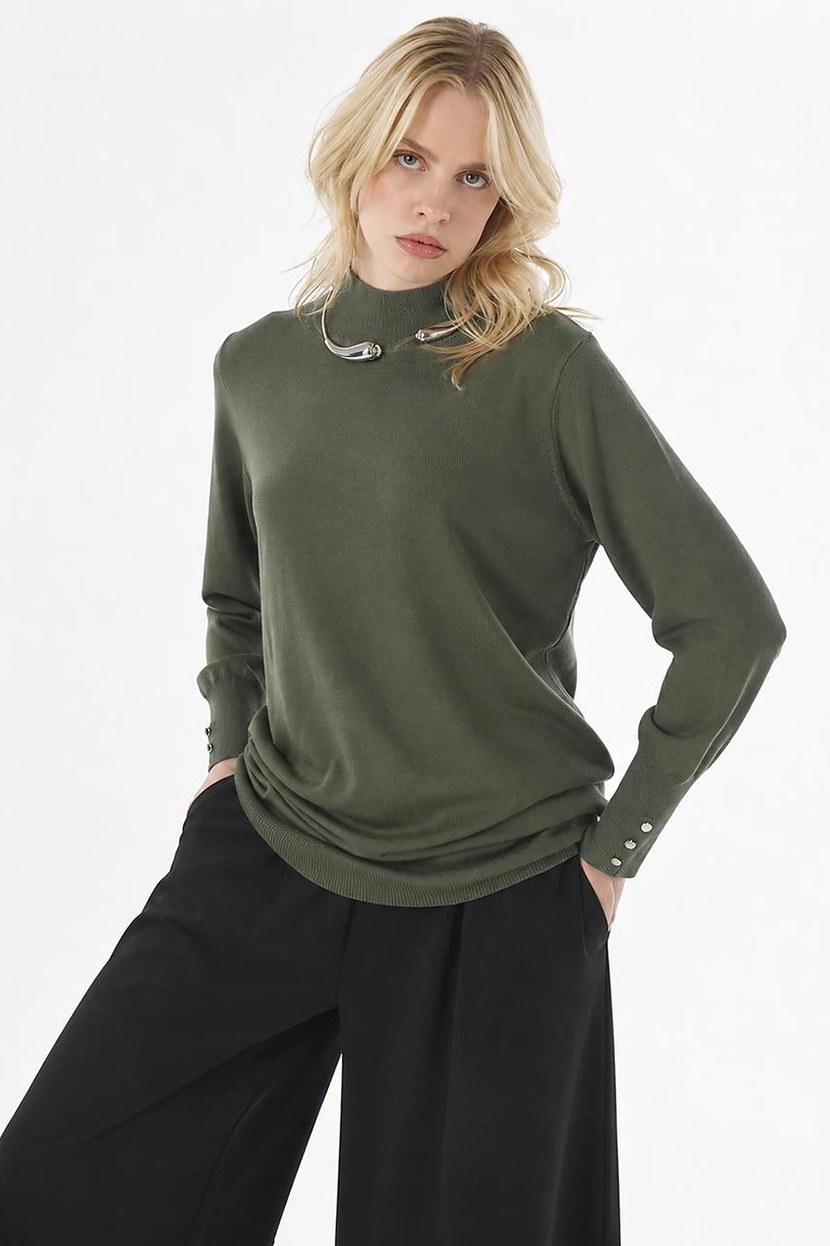 Turtleneck Basic Viscose Knit Tunic Khaki