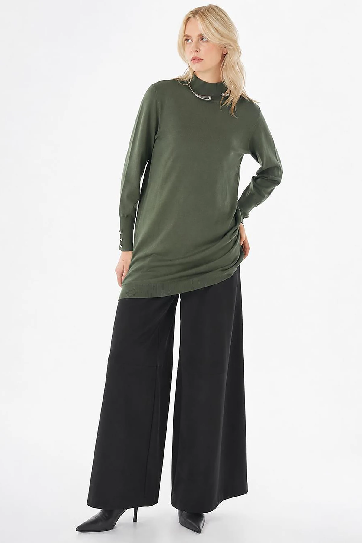 Turtleneck Basic Viscose Knit Tunic Khaki