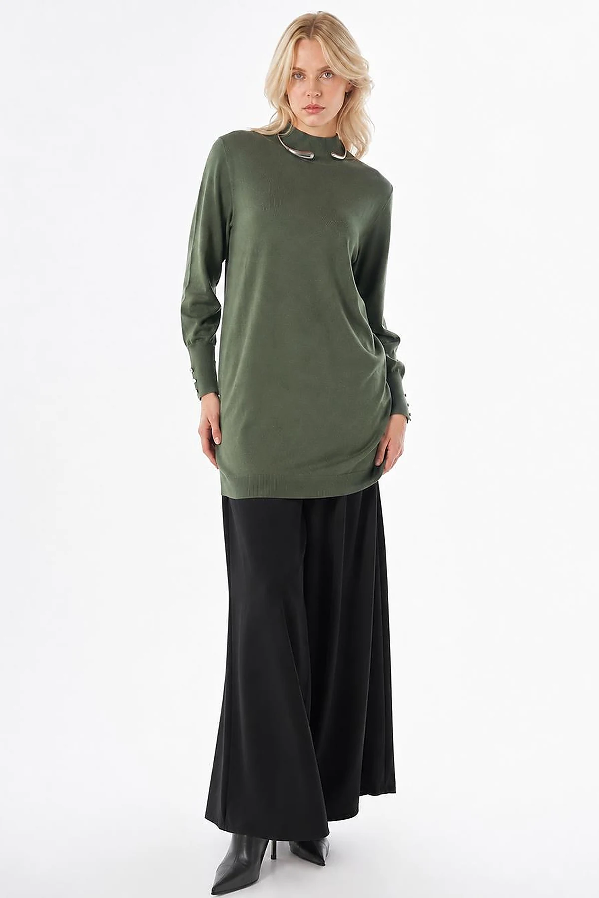 Turtleneck Basic Viscose Knit Tunic Khaki