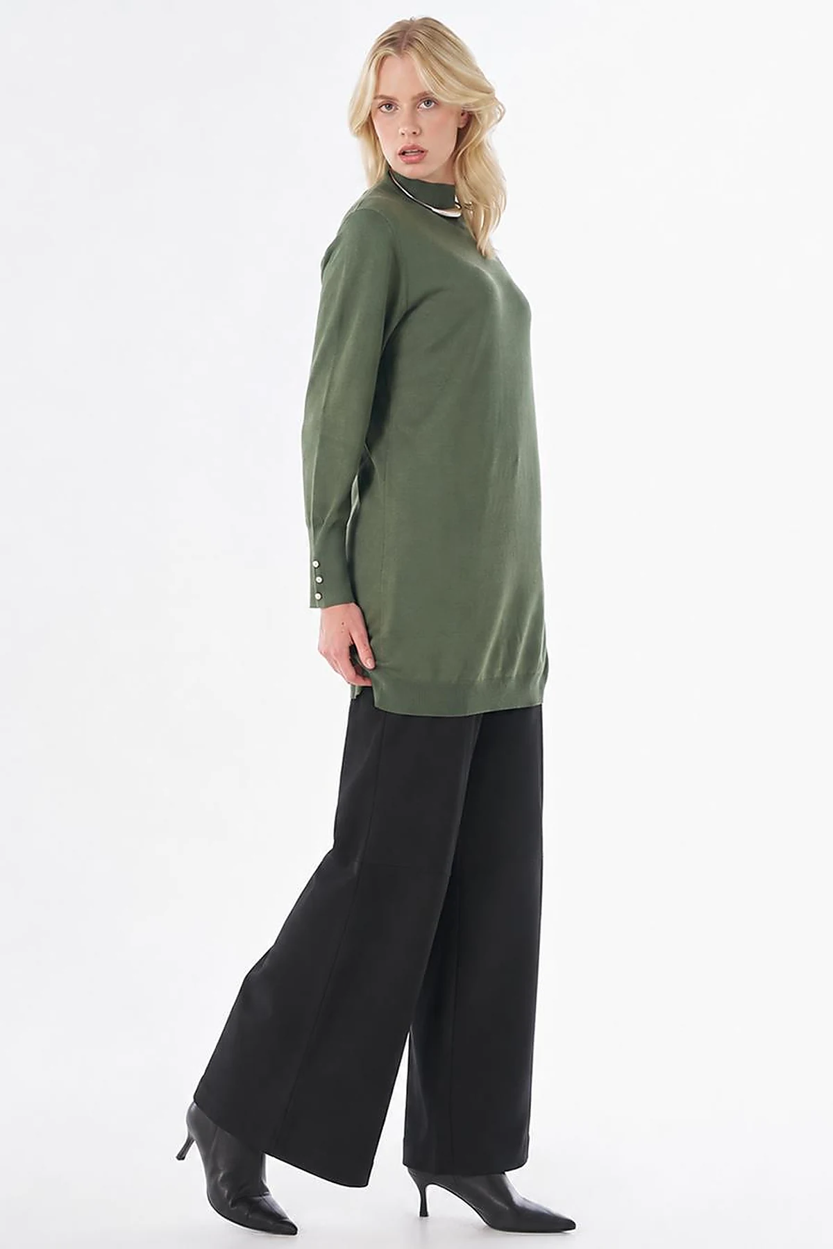 Turtleneck Basic Viscose Knit Tunic Khaki