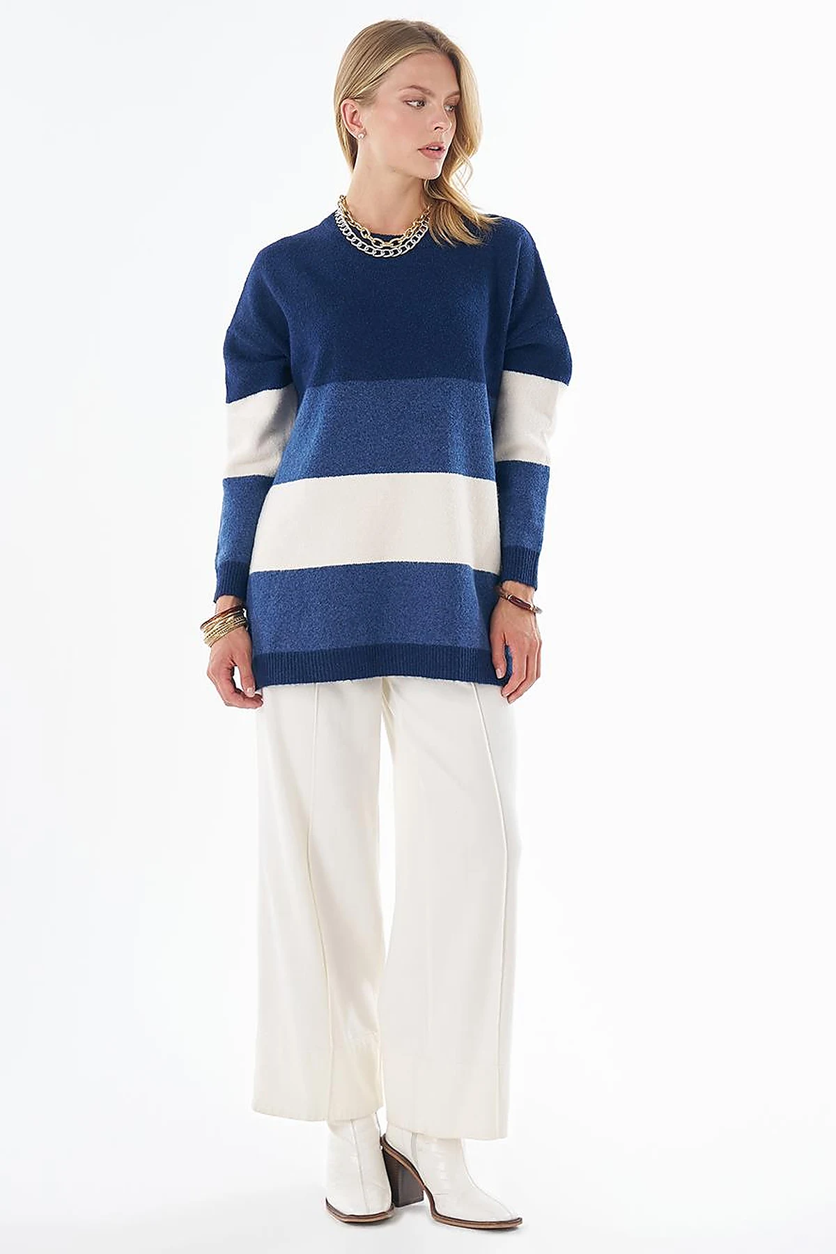 Contrast-Color Knit Tunic Navy