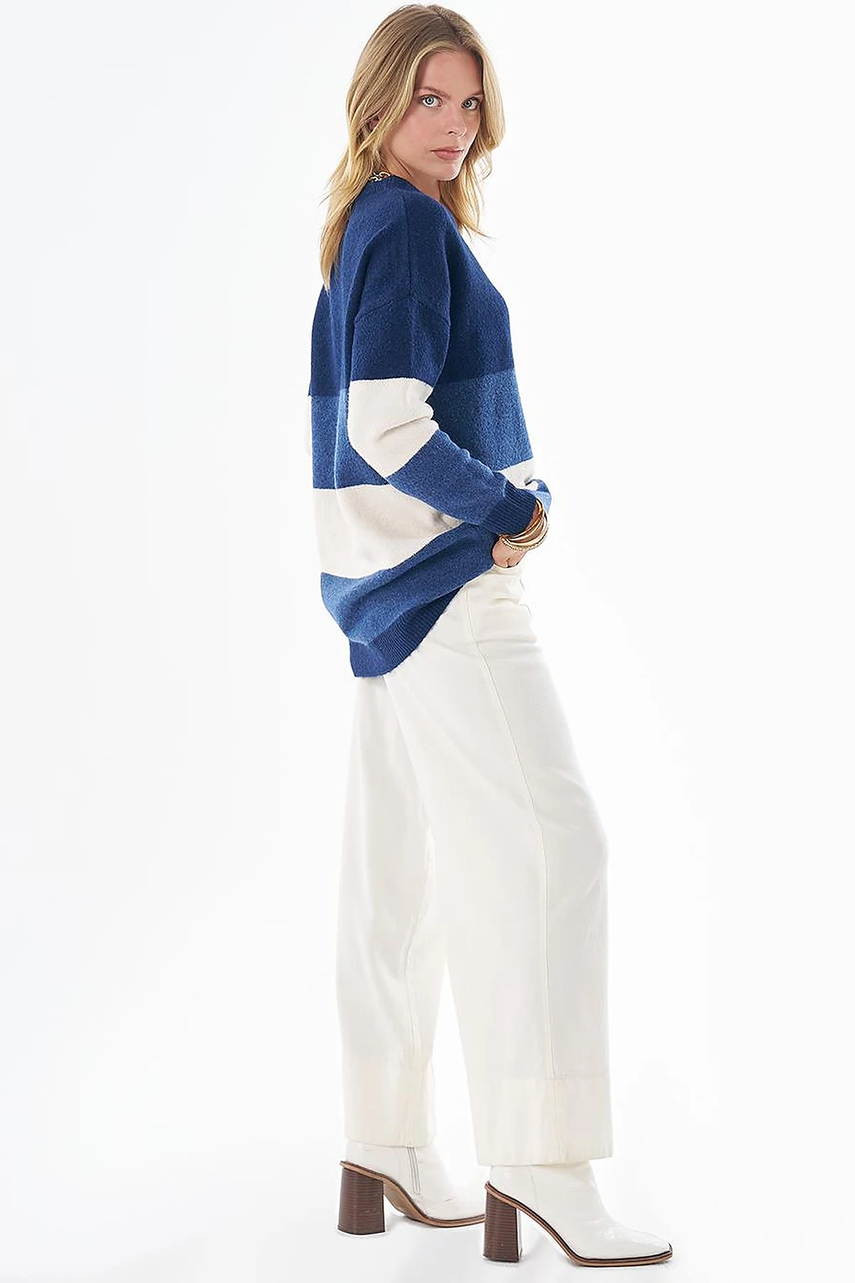 Contrast-Color Knit Tunic Navy