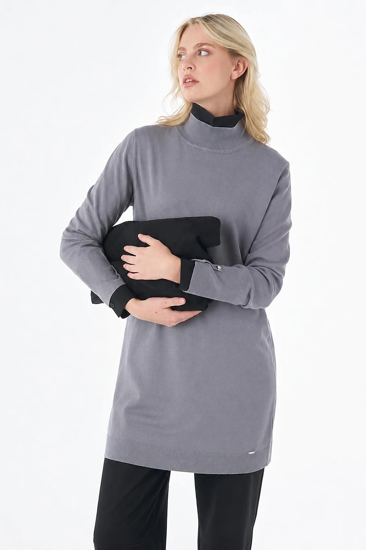 Turtleneck Basic Viscose Knit Tunic Gray